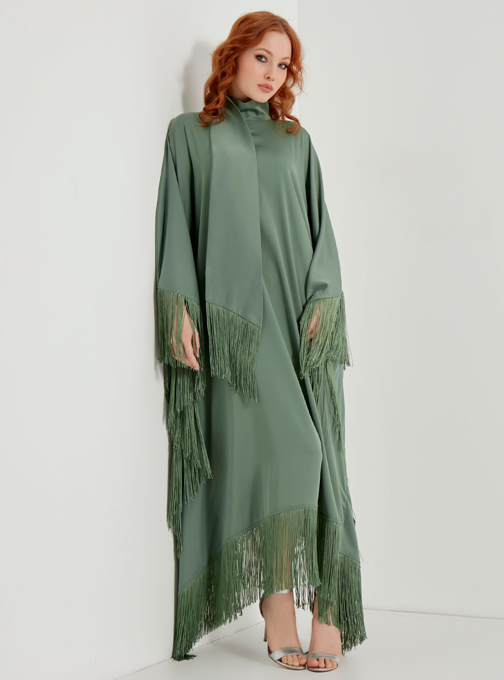 Mint Fringed Kaftan Dress With Tie Neck Detailed - Store WF