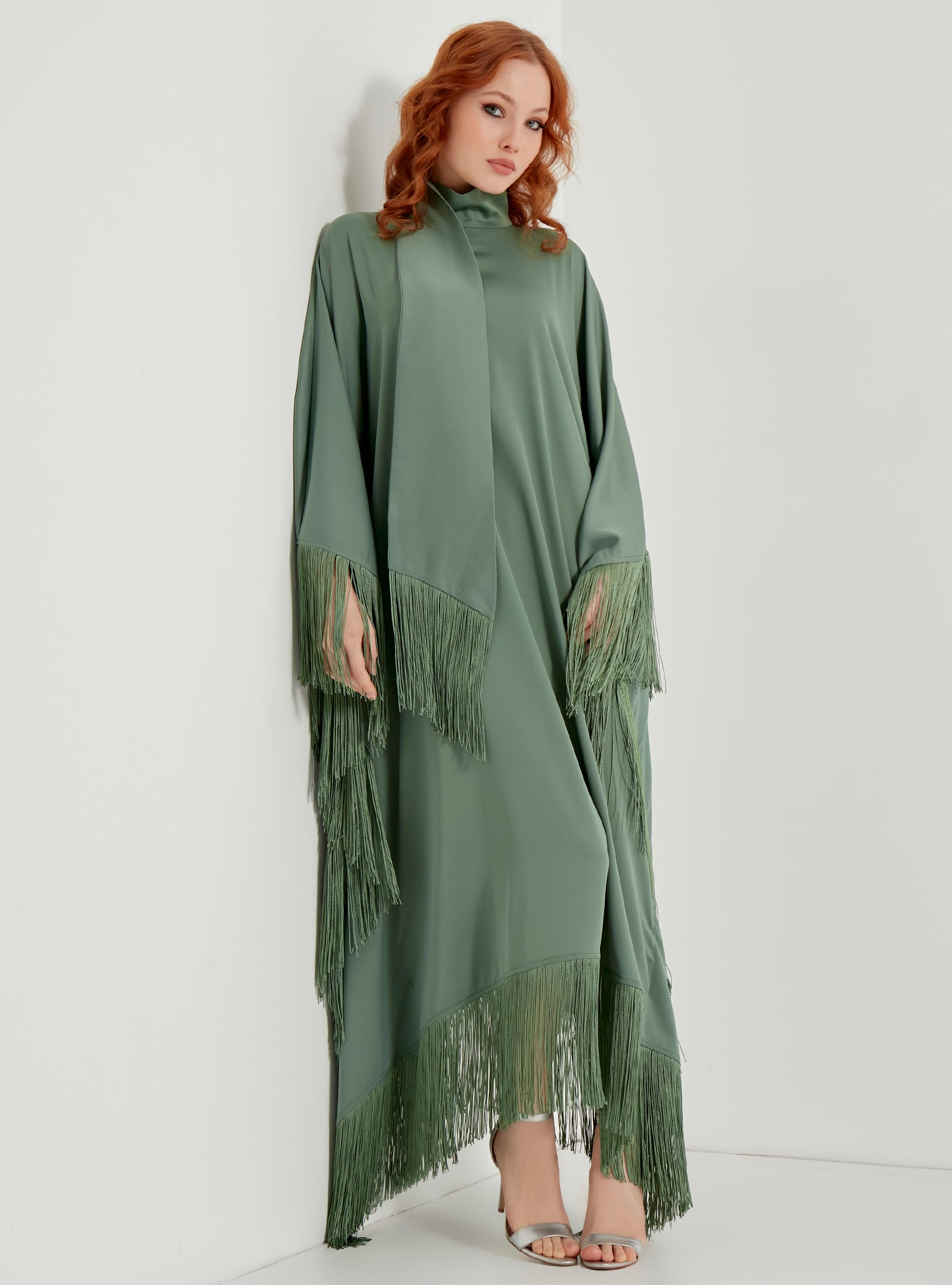 Mint Fringed Kaftan Dress With Tie Neck Detailed - Store WF