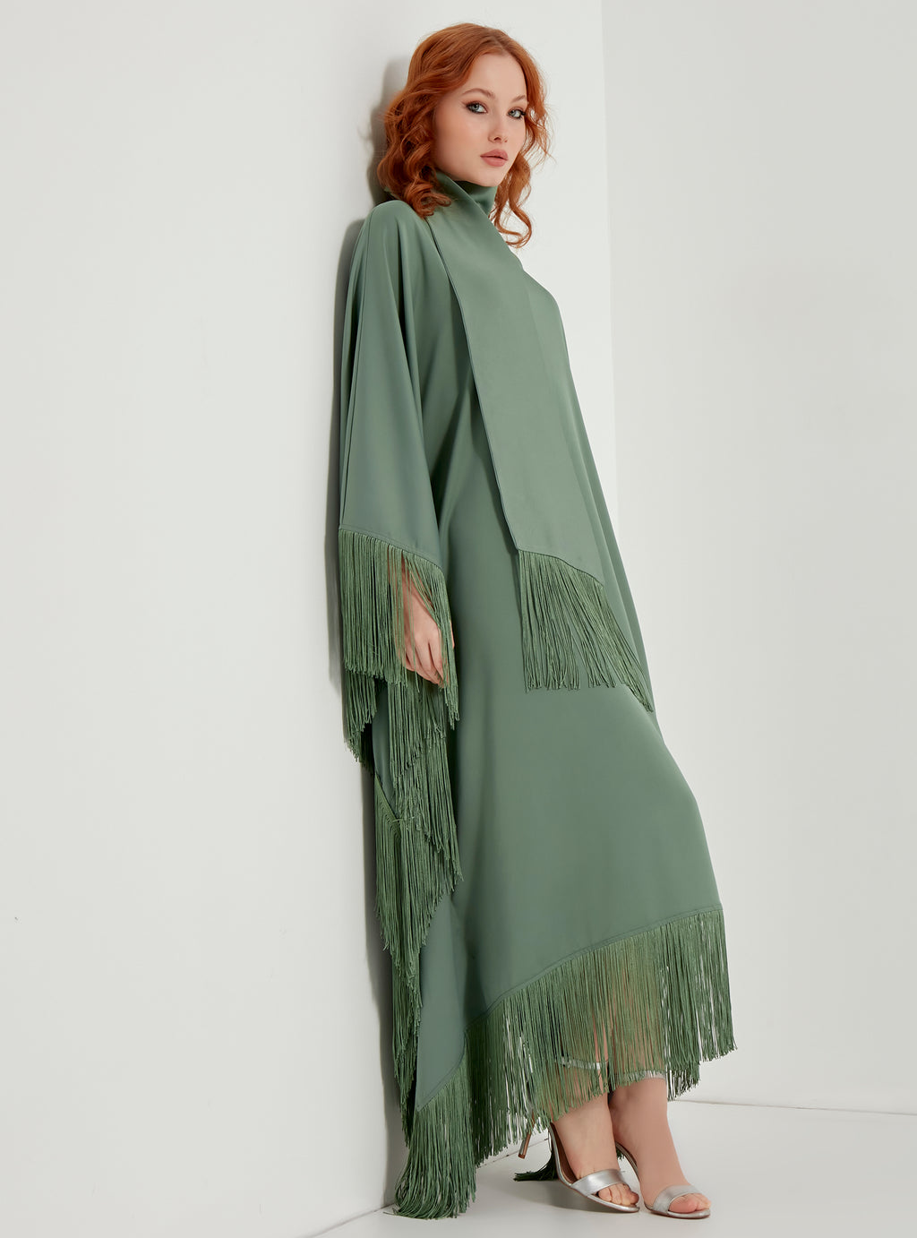 Mint Fringed Kaftan Dress With Tie Neck Detailed - Store WF