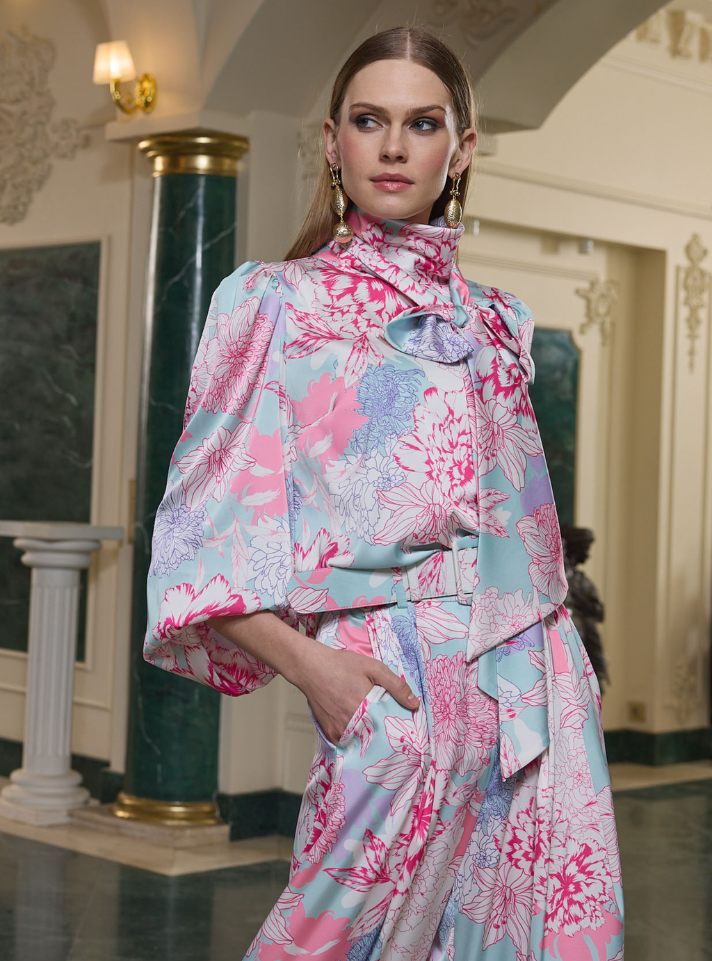 Printed High-Neck Blouse & Wide-Leg Palazzo Set - Store WF