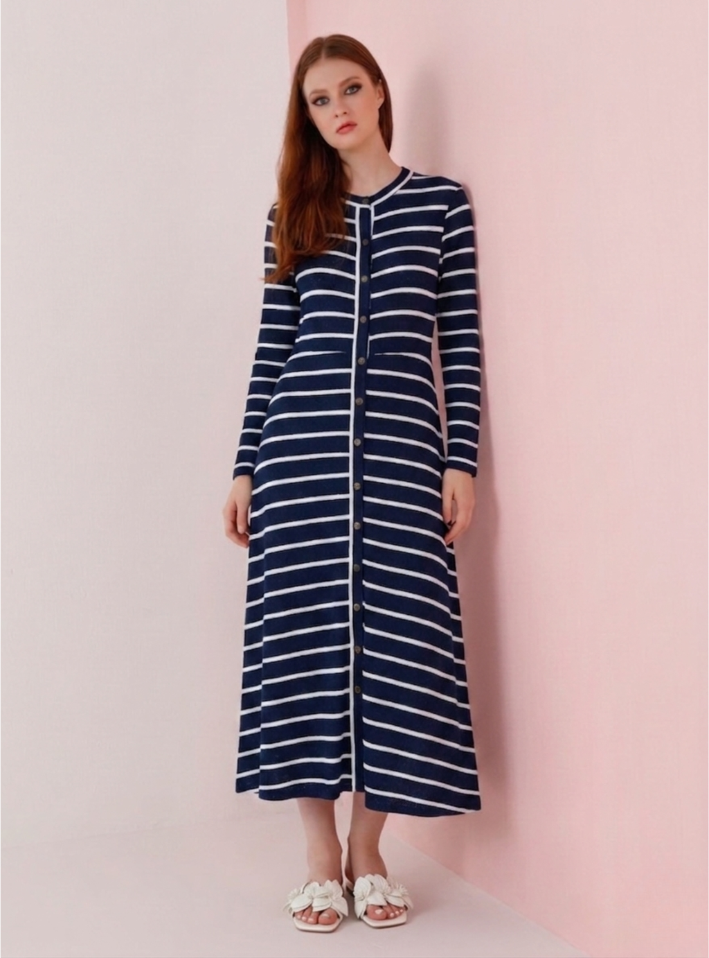 Navy Blue Stripe All-Season Ribbed Knit Dress - Store WF