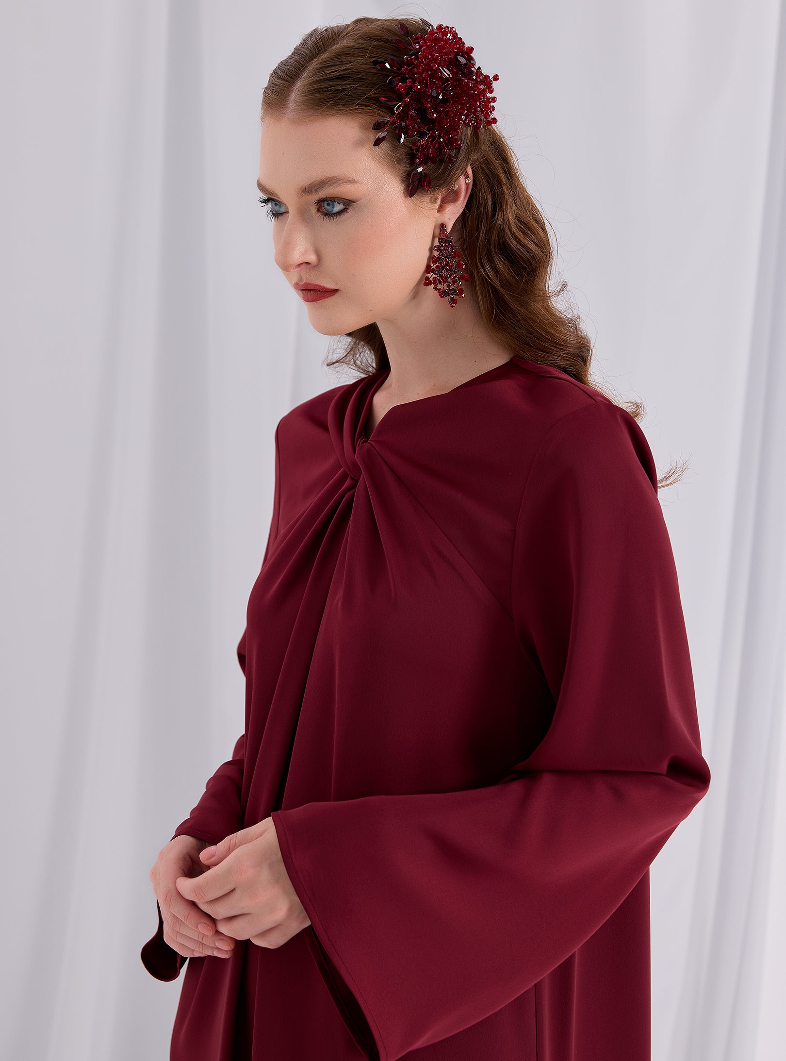 Düğüm Detaylı Bordo Maksi Elbise