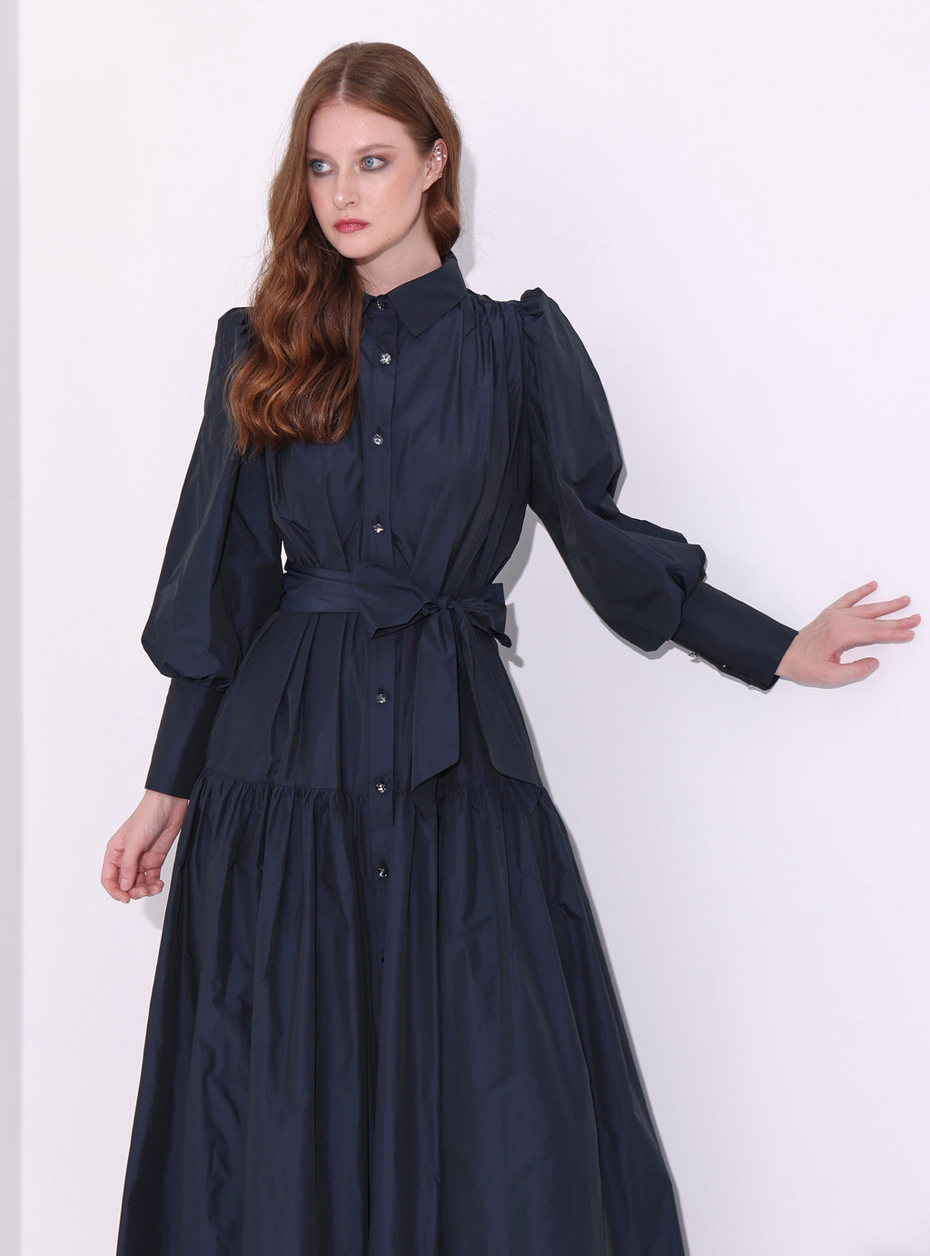 Navy Taffeta Cristal Button Maxi Dress - Store WF