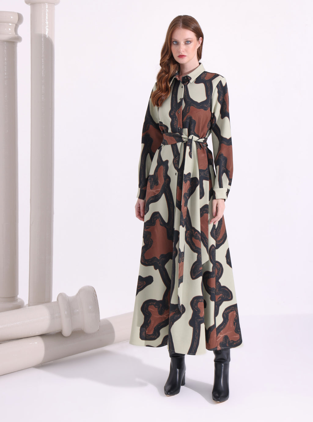 Kahverengi Baskılı Uzun Elbise