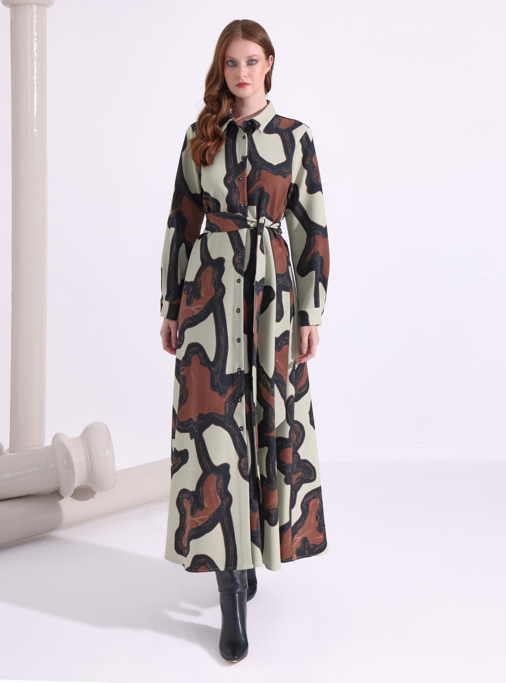 Kahverengi Baskılı Uzun Elbise