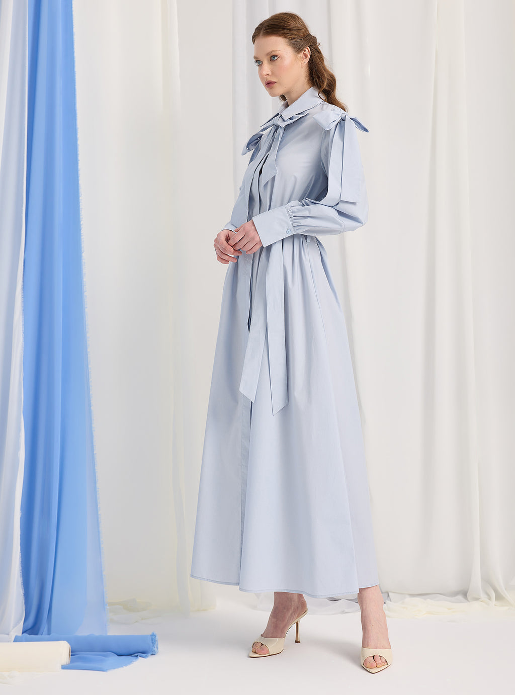 Bow Detailed Blue Poplin Cotton Maxi Dress - Store WF