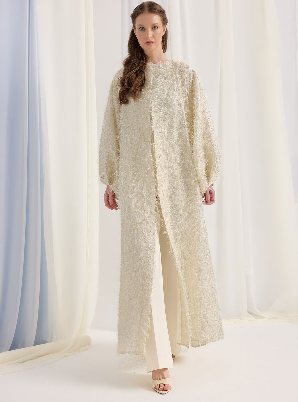 Off White Gold Feather Looks Kaftan Abaya - Store WF
