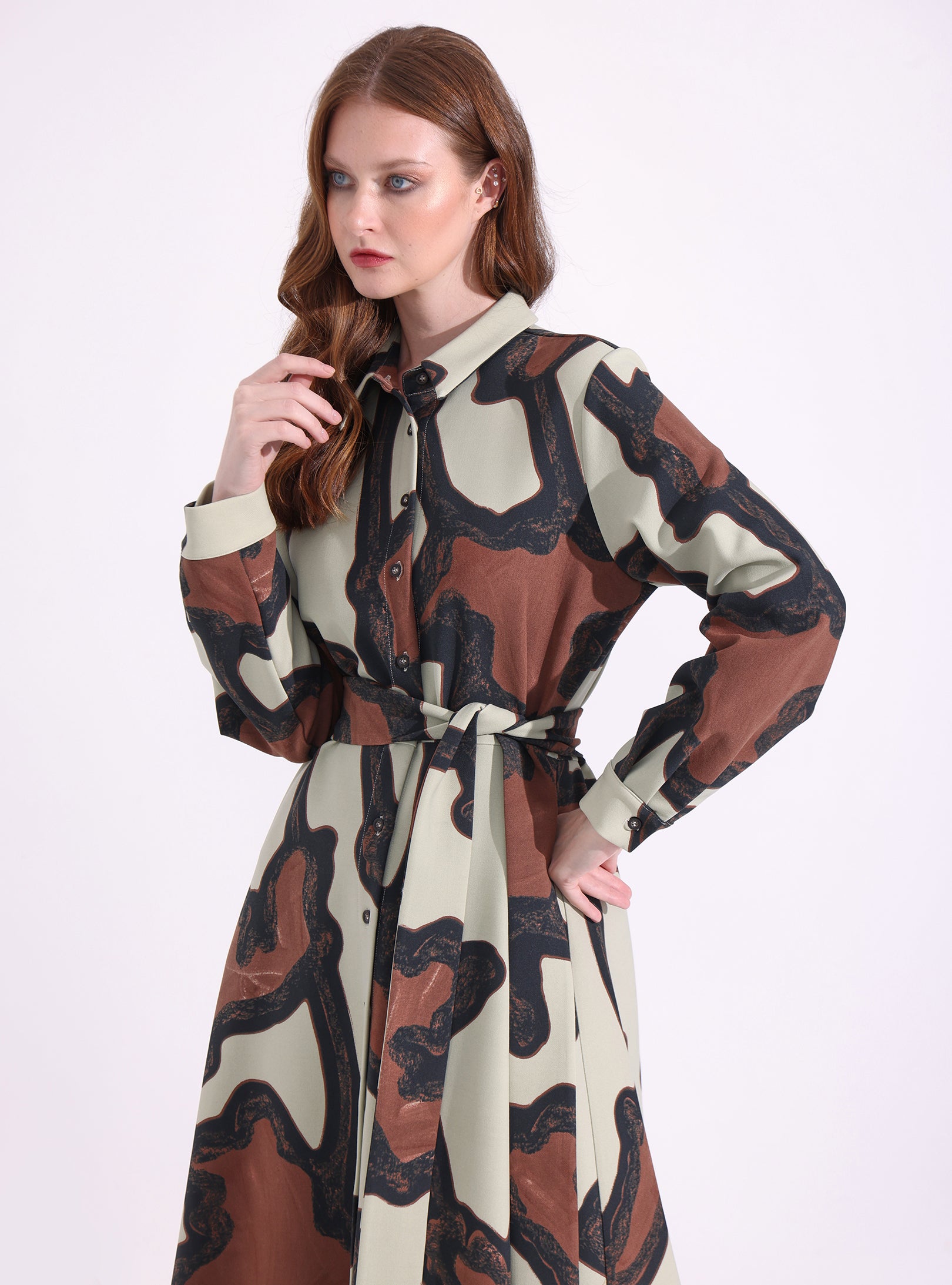 Kahverengi Baskılı Uzun Elbise