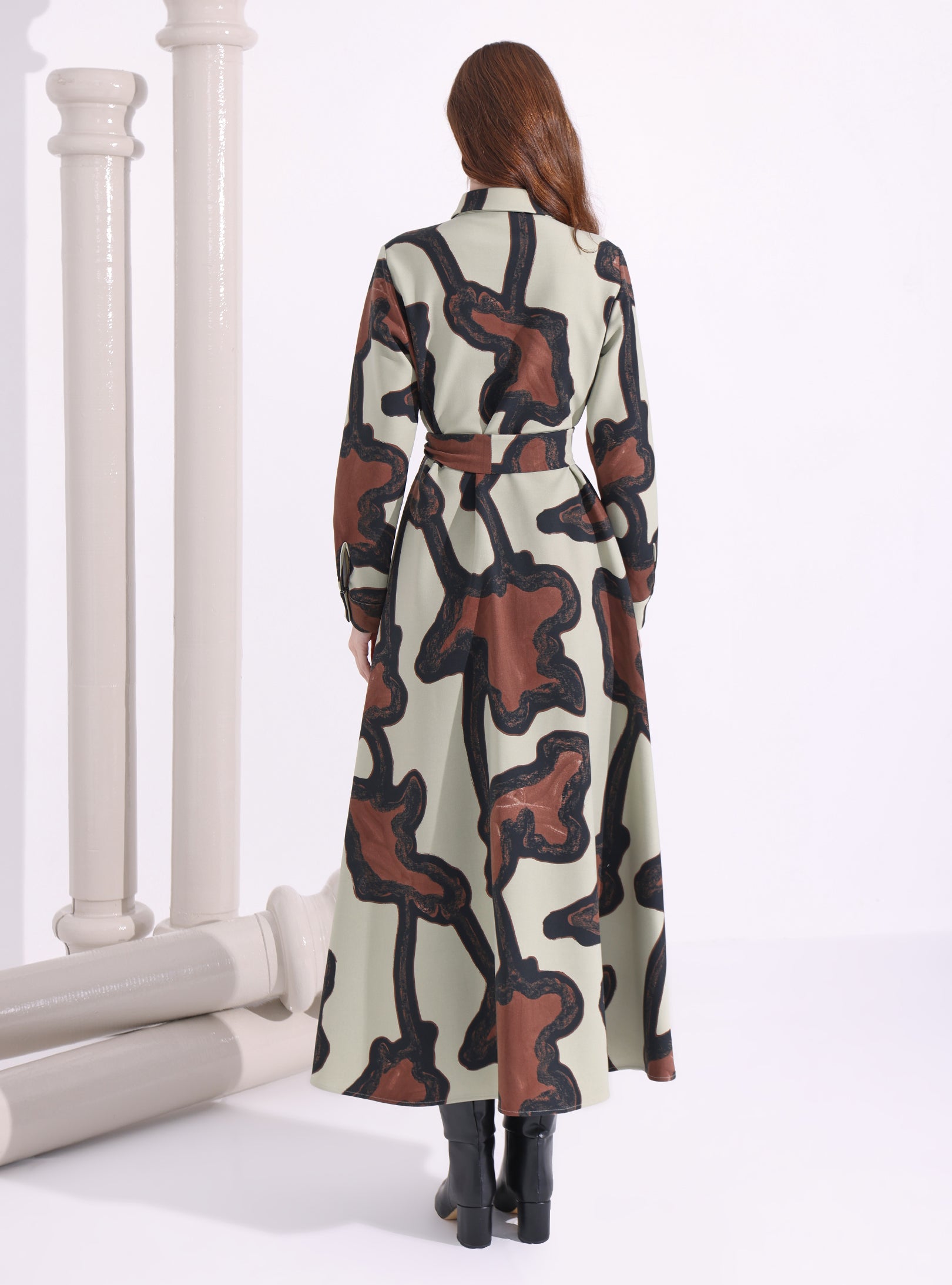 Kahverengi Baskılı Uzun Elbise