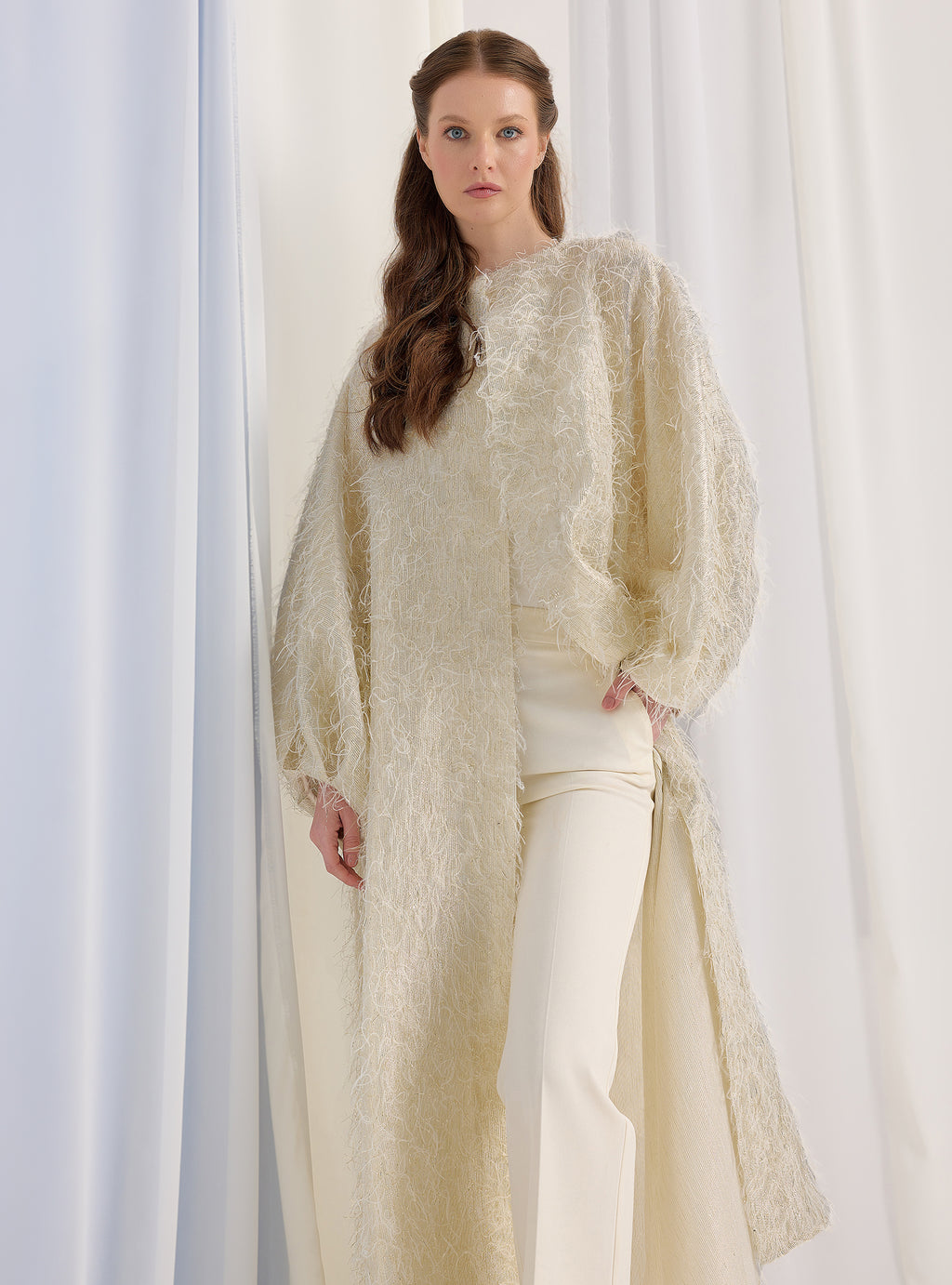 Off White Gold Feather Looks Kaftan Abaya - Store WF