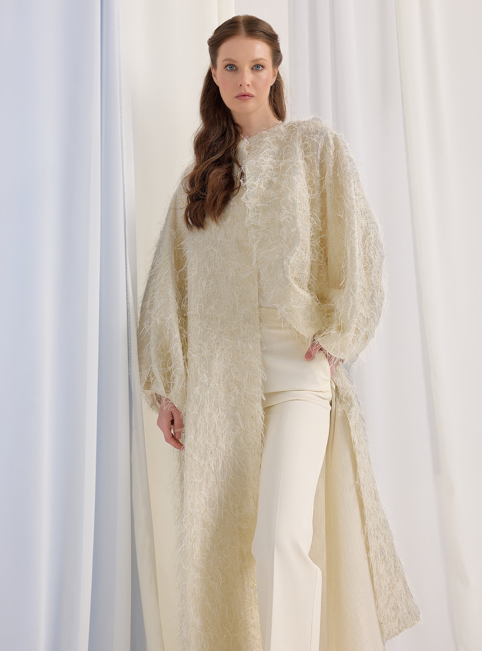 Off White Gold Feather Looks Kaftan Abaya - Store WF