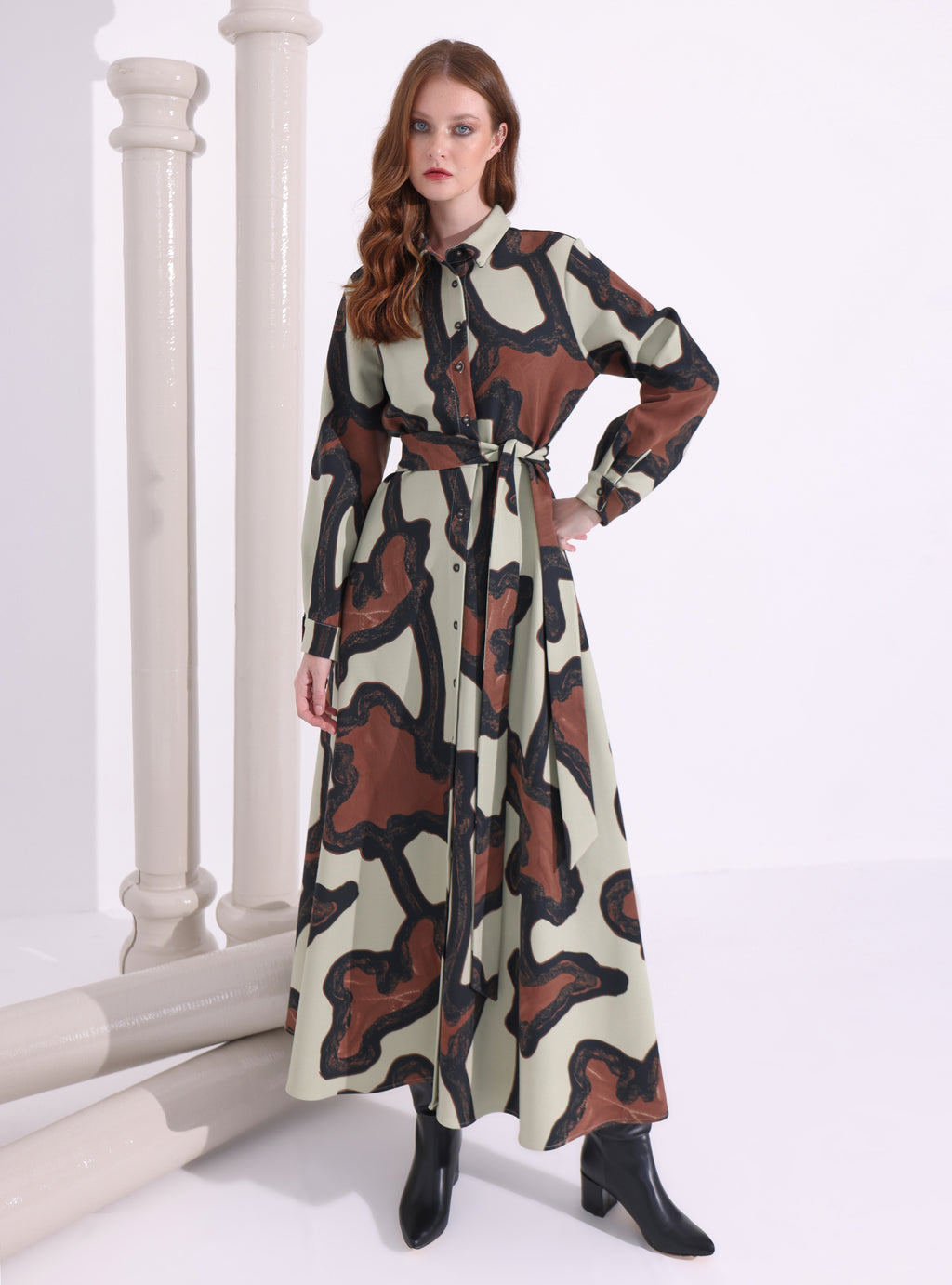 Kahverengi Baskılı Uzun Elbise