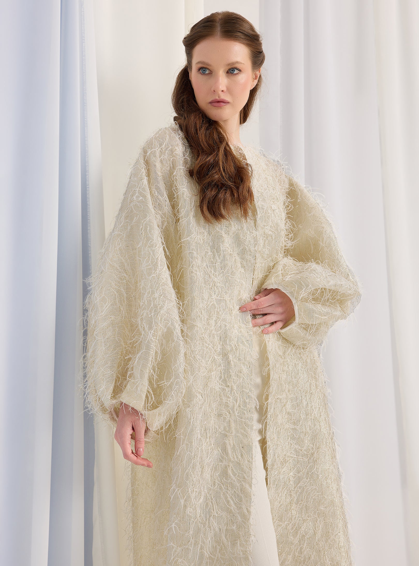 Off White Gold Feather Looks Kaftan Abaya - Store WF
