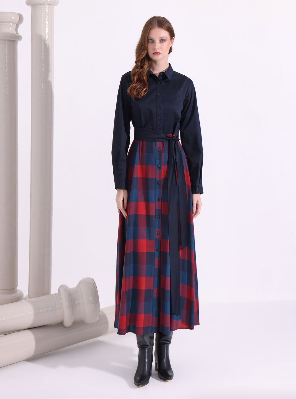 Ekose Desenli Maxi Elbise