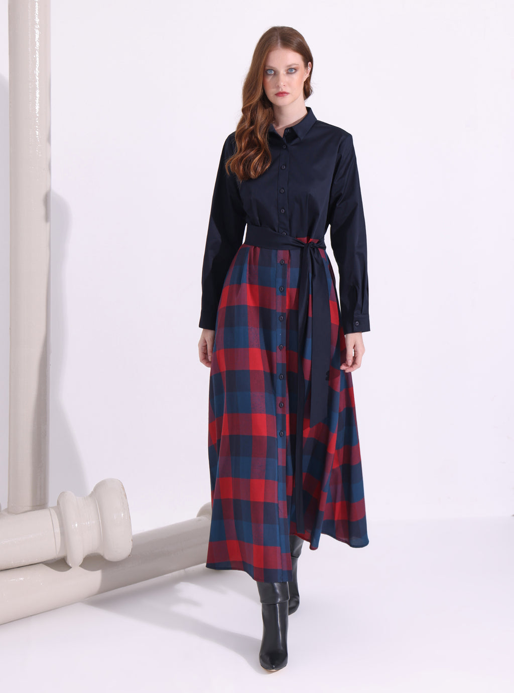 Ekose Desenli Maxi Elbise