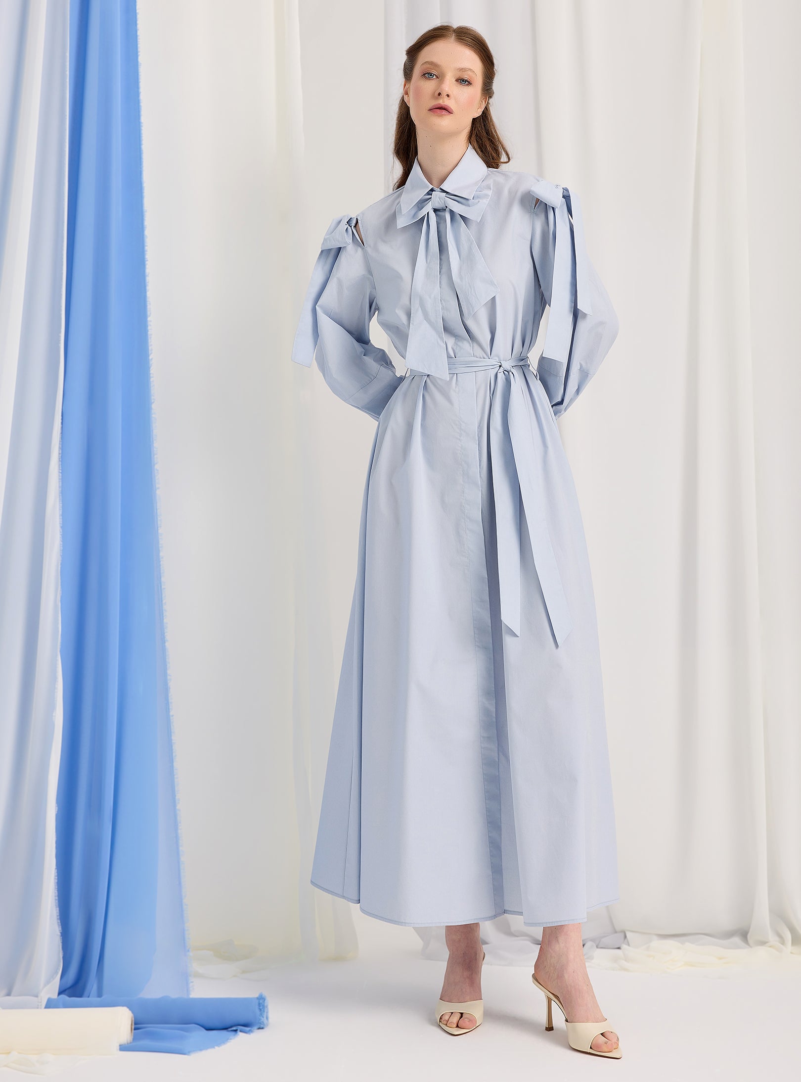 Bow Detailed Blue Poplin Cotton Maxi Dress - Store WF