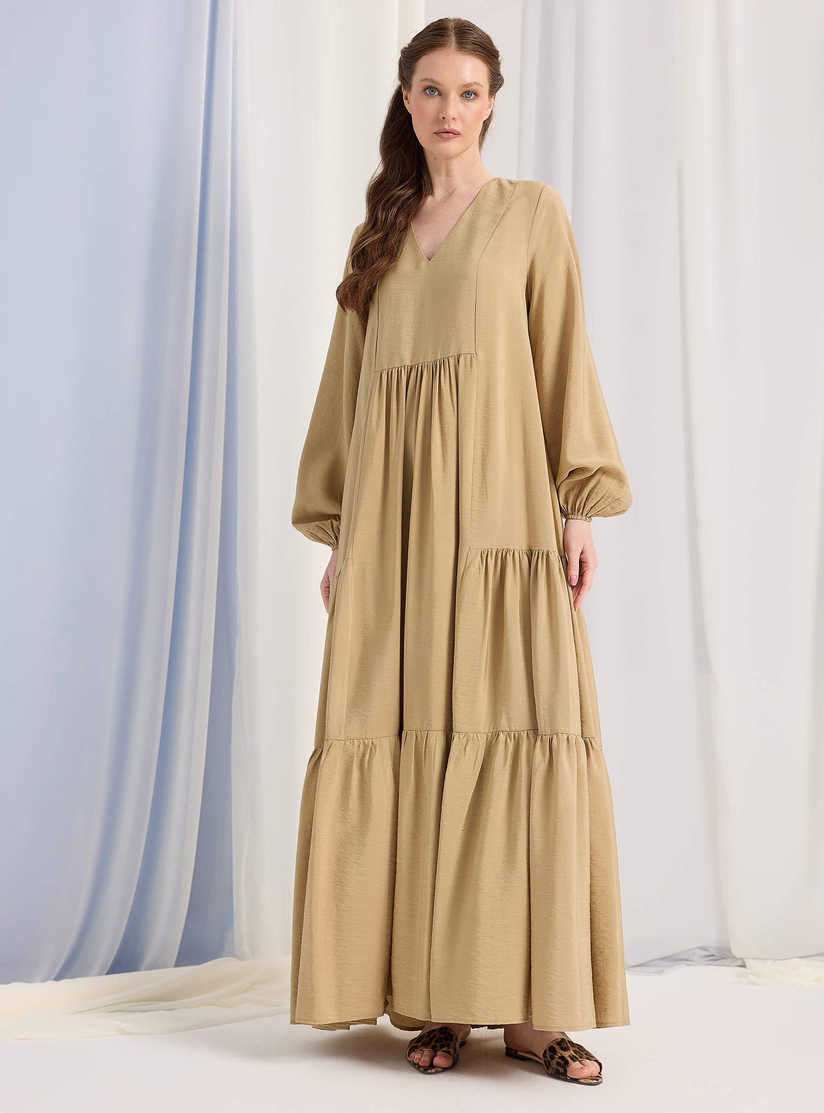 Beige Cotton V Neck Maxi Dress - Store WF
