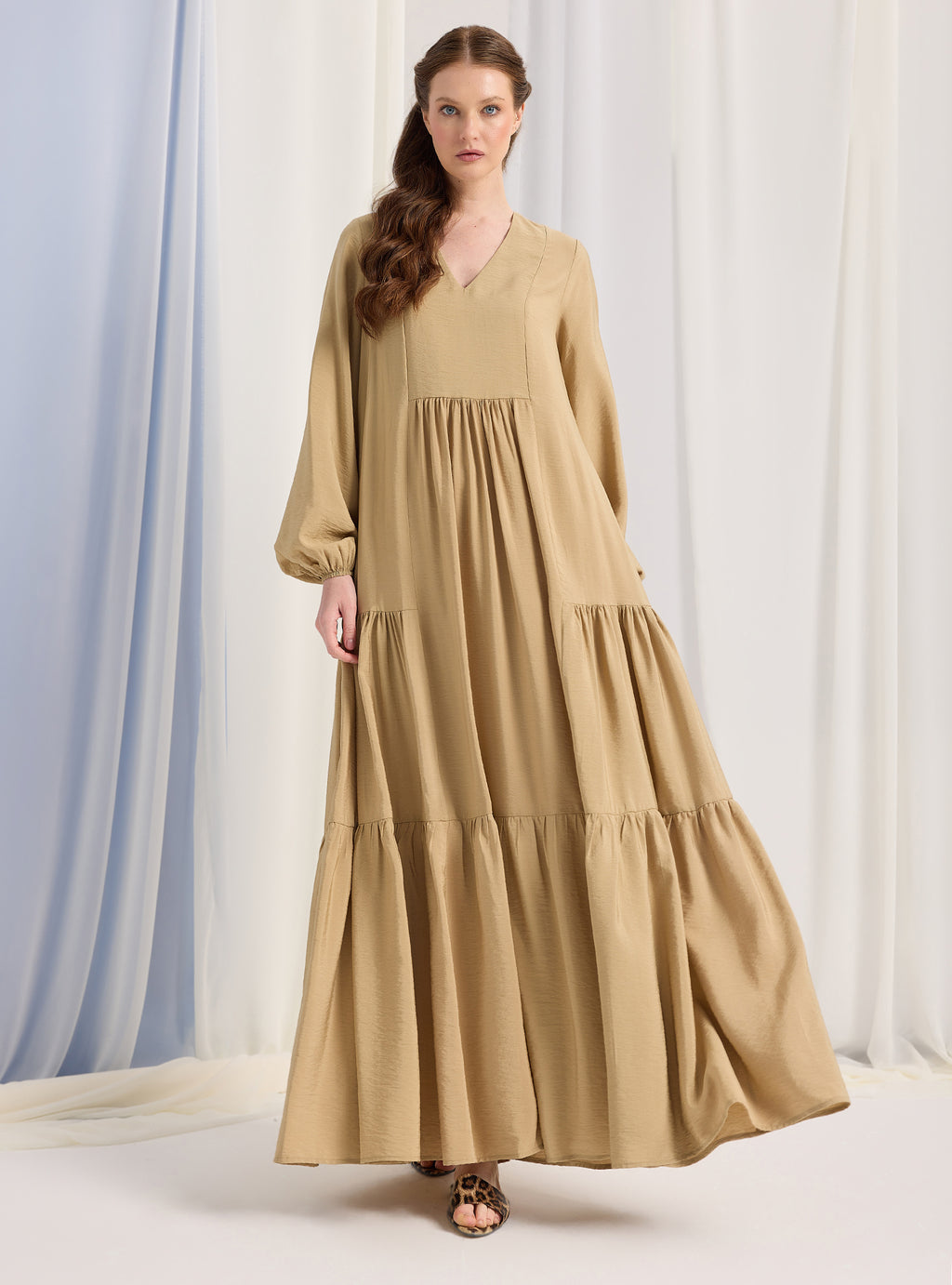 Beige Cotton V Neck Maxi Dress - Store WF