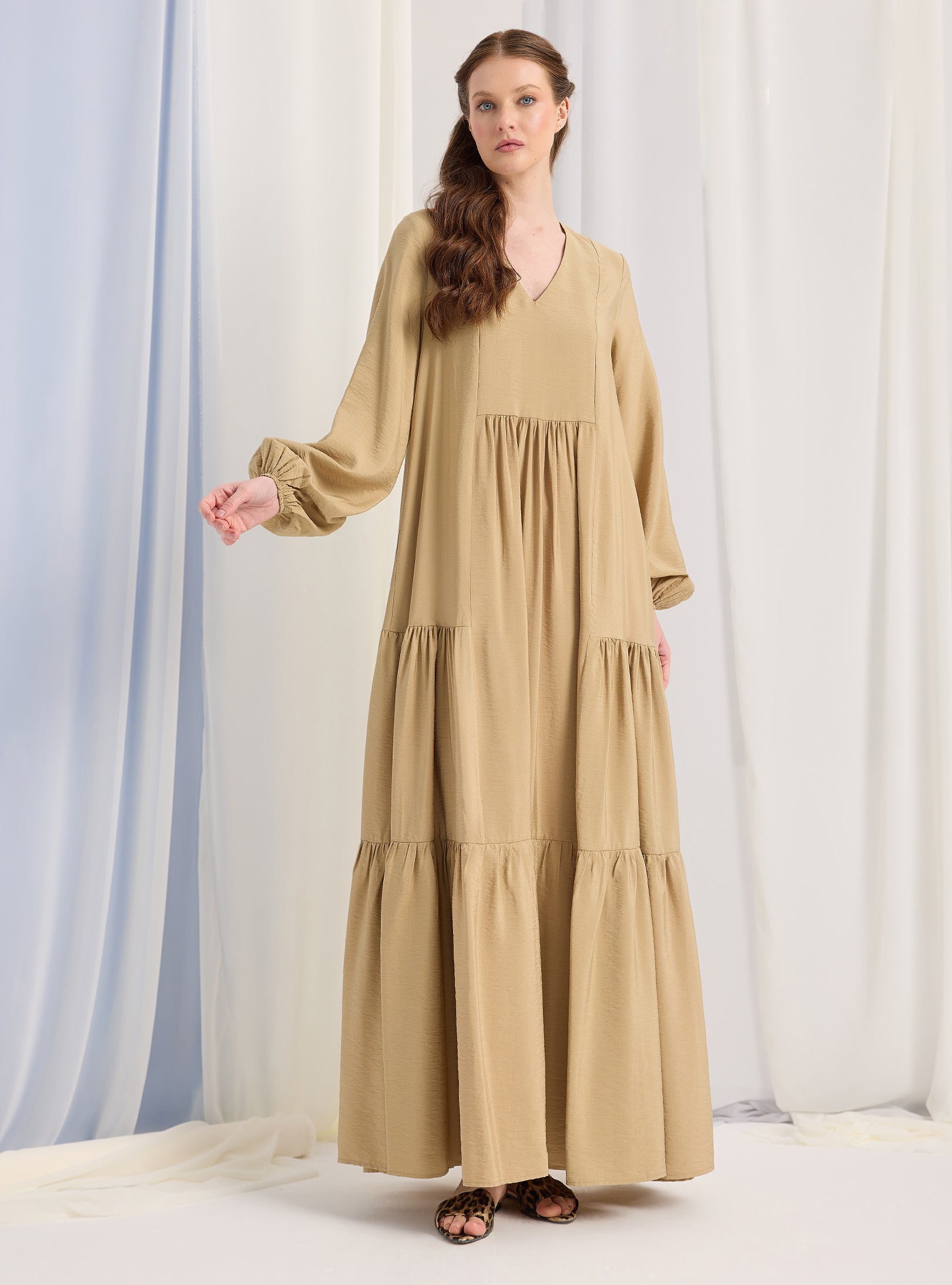 Beige Cotton V Neck Maxi Dress - Store WF
