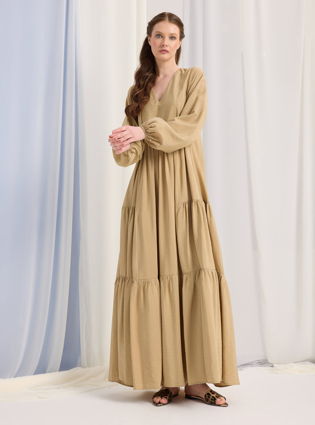 Beige Cotton V Neck Maxi Dress - Store WF