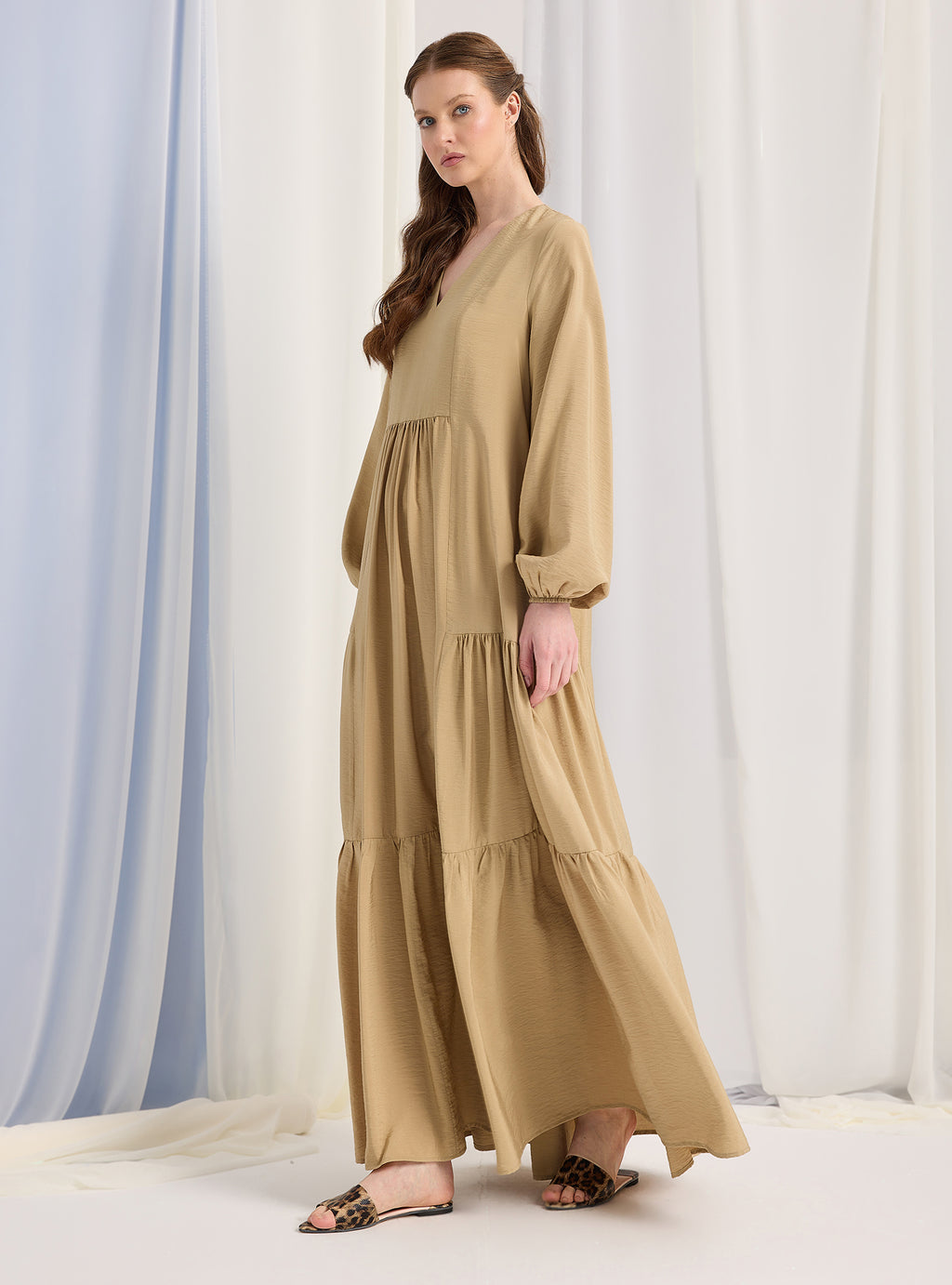 Beige Cotton V Neck Maxi Dress - Store WF