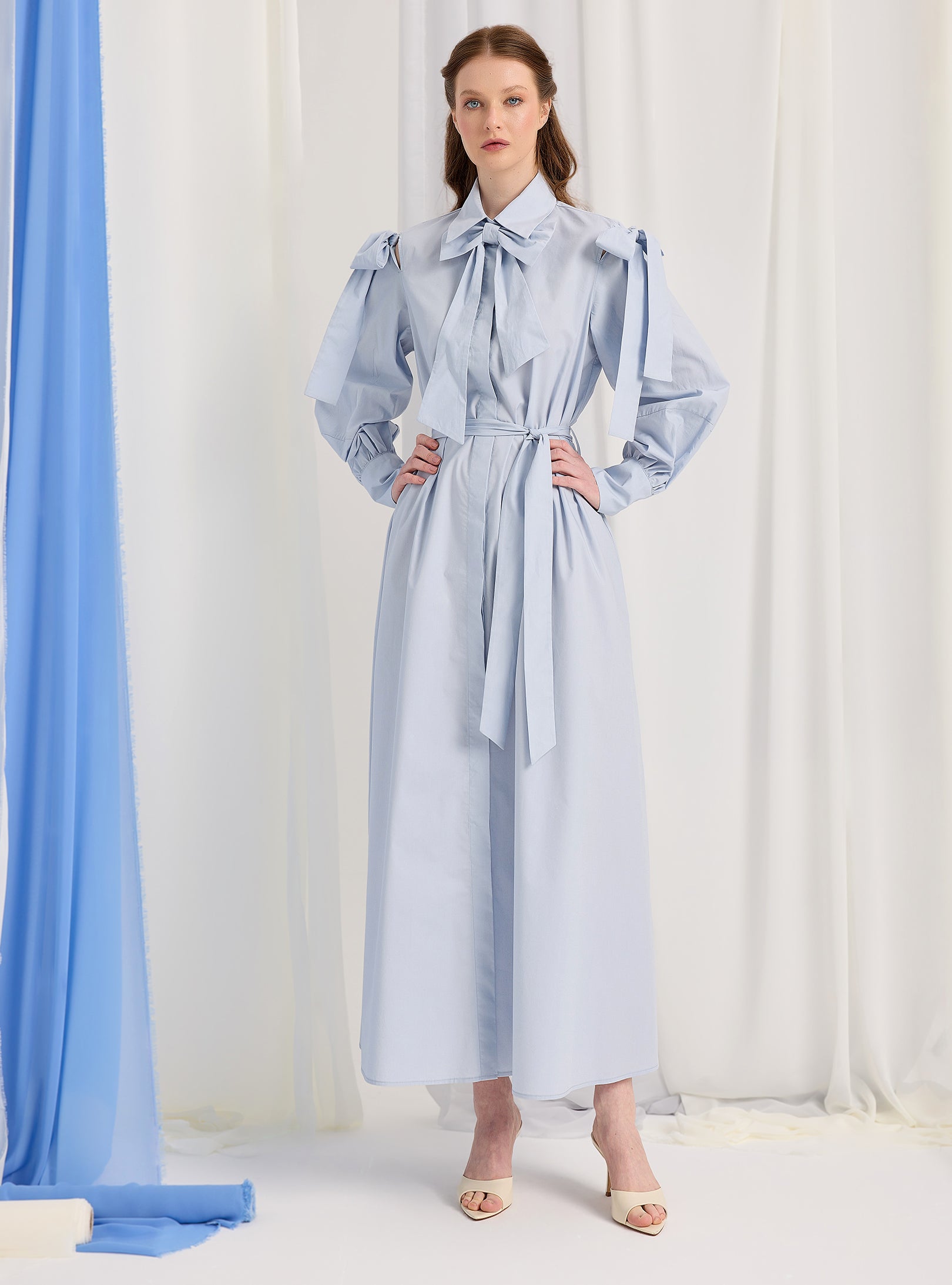 Bow Detailed Blue Poplin Cotton Maxi Dress - Store WF