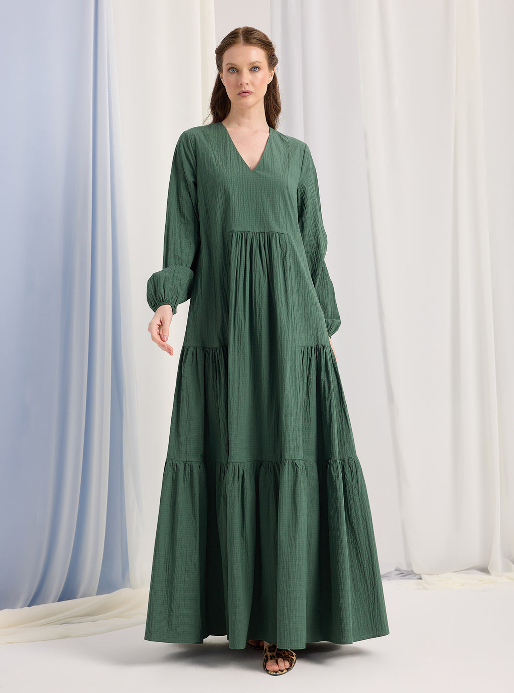 Green Cotton V Neck Maxi Dress - Store WF