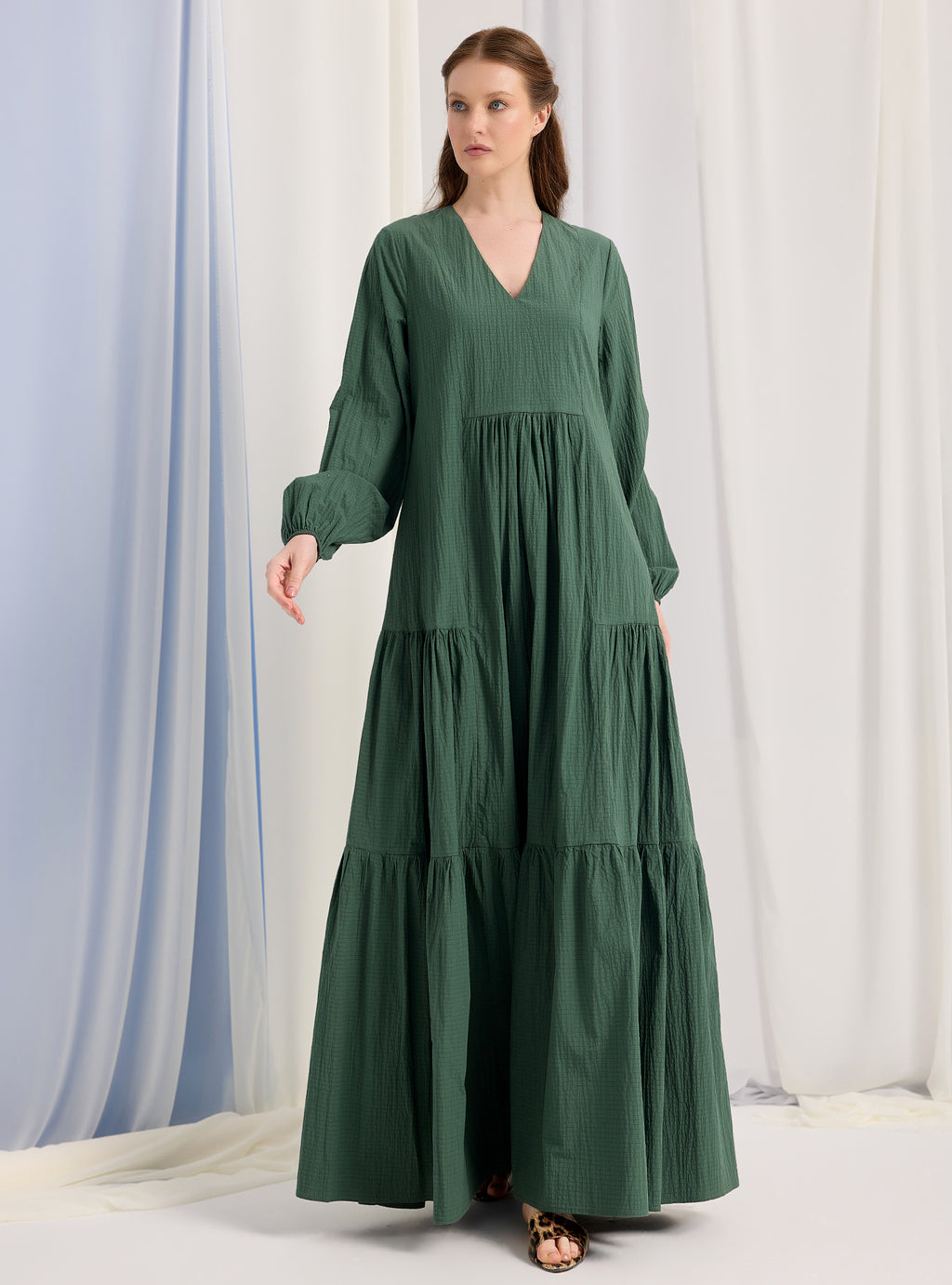 Green Cotton V Neck Maxi Dress - Store WF