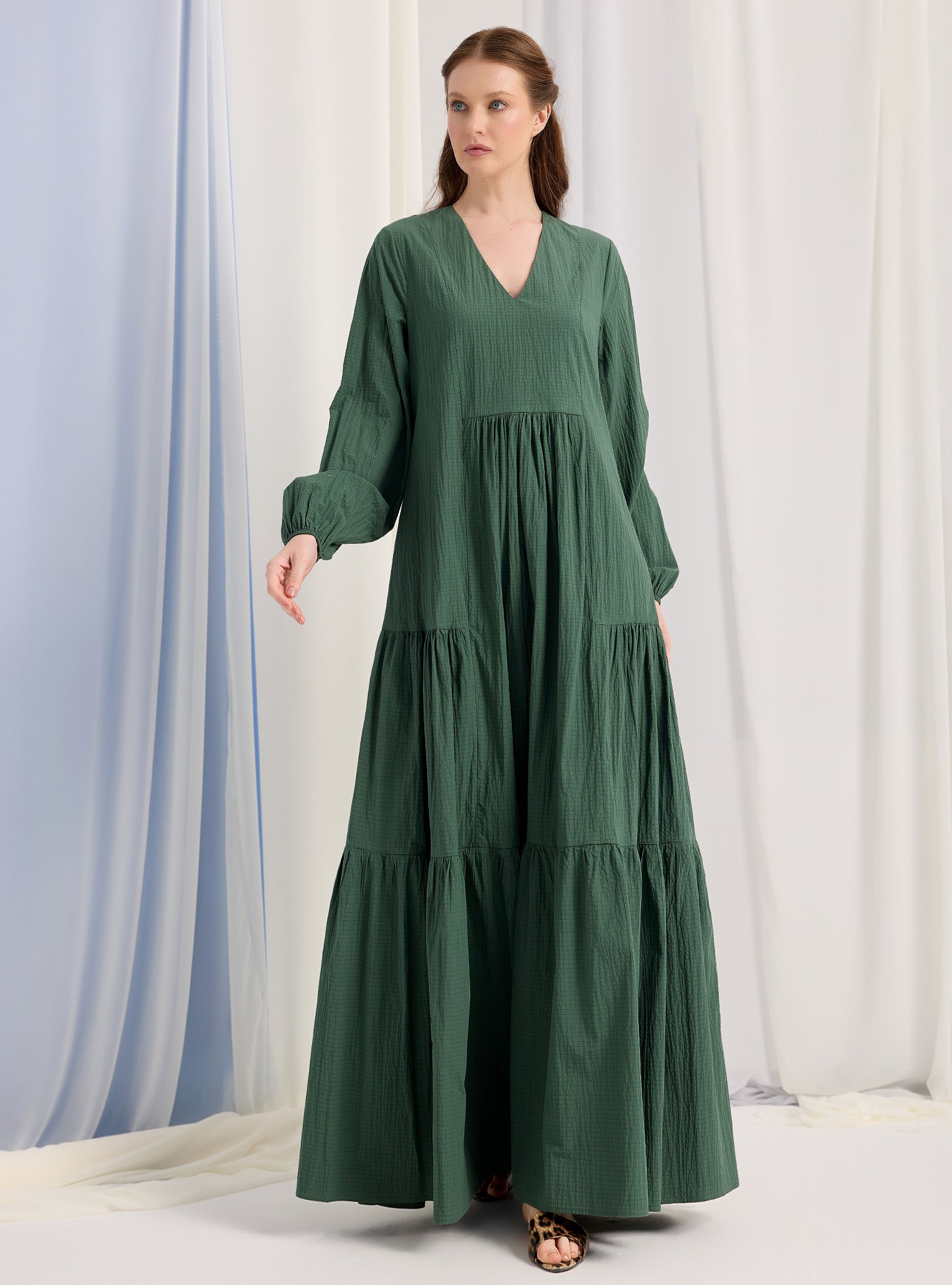 Green Cotton V Neck Maxi Dress - Store WF