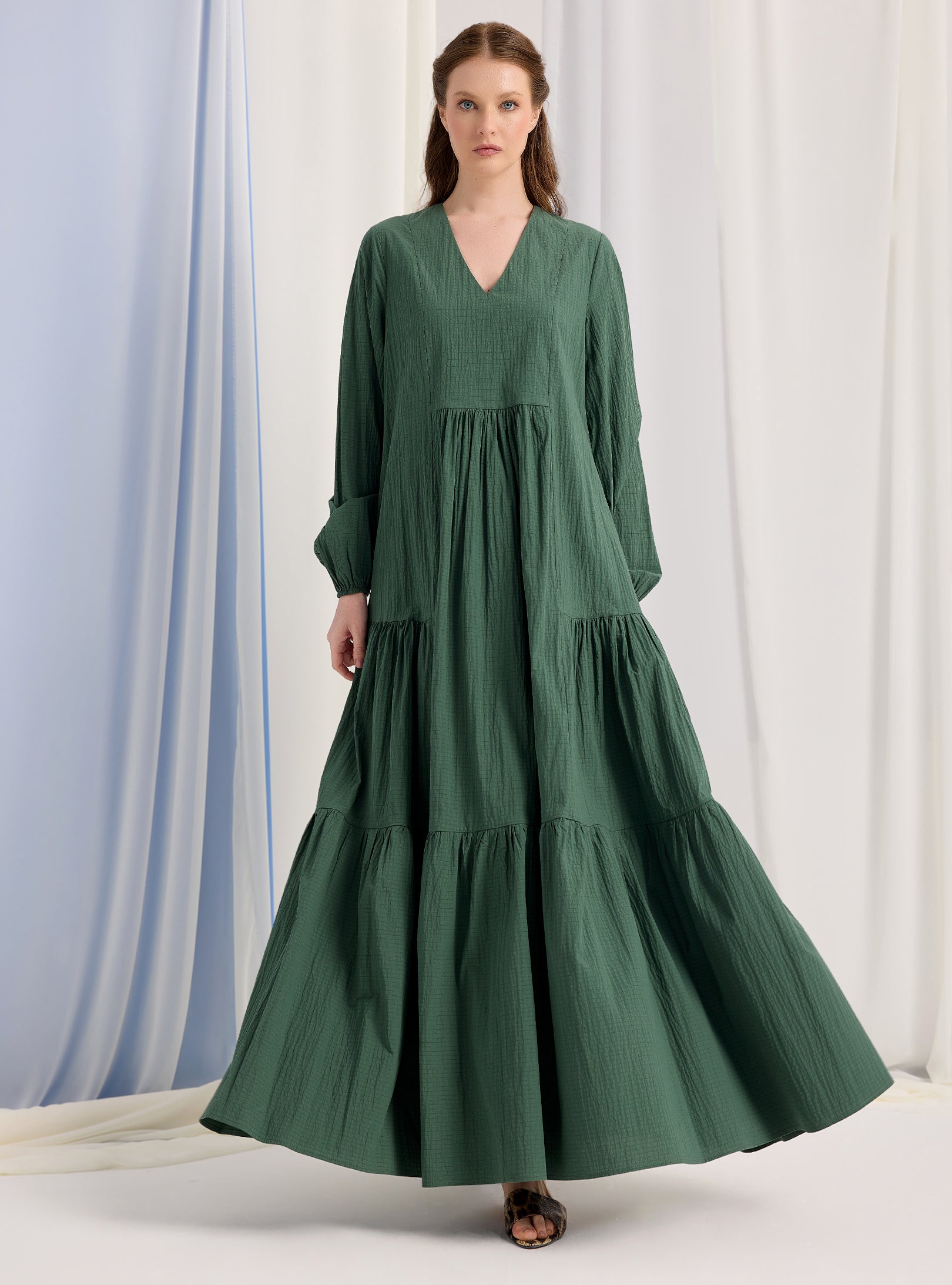 Green Cotton V Neck Maxi Dress - Store WF