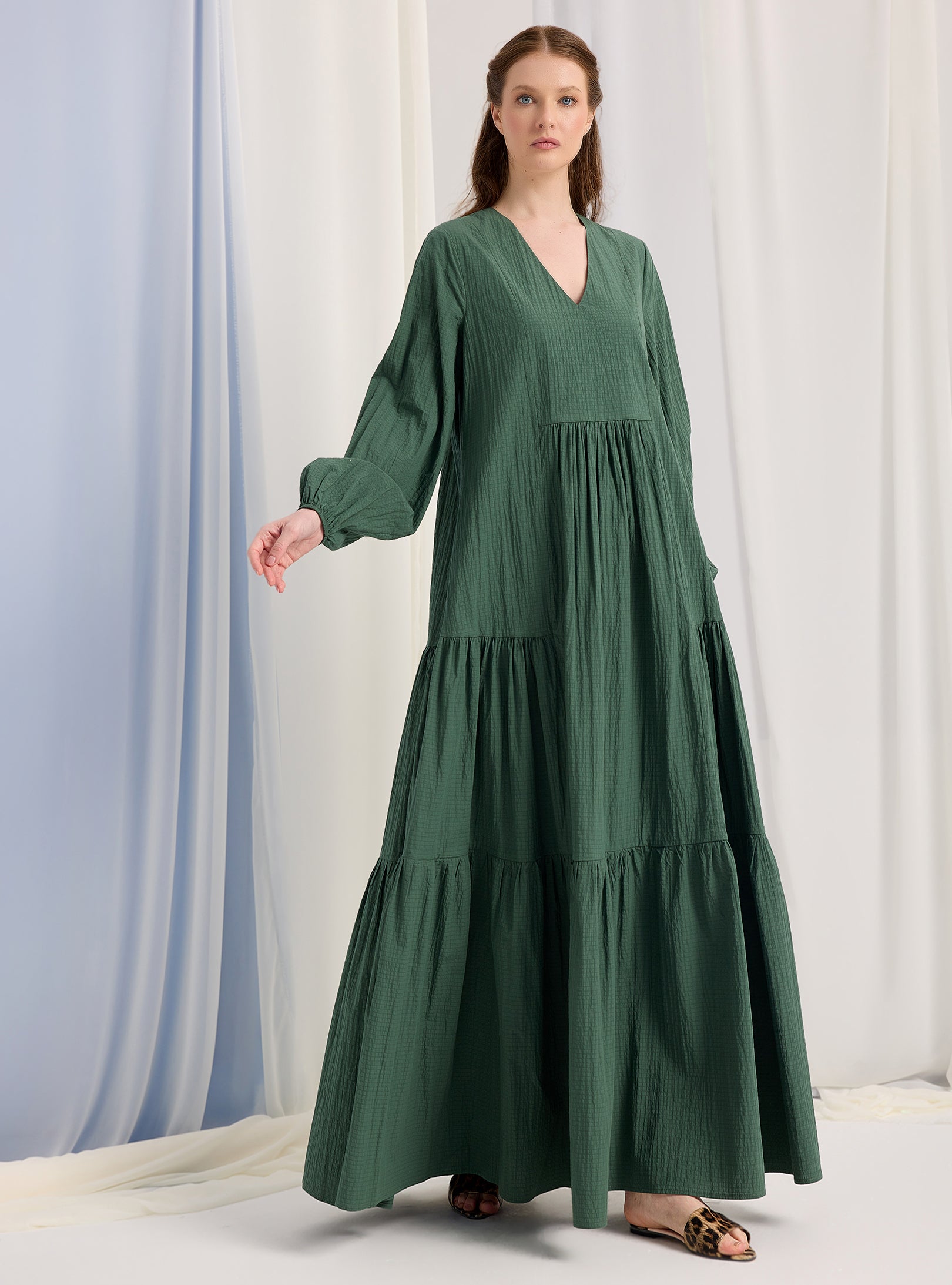 Green Cotton V Neck Maxi Dress - Store WF