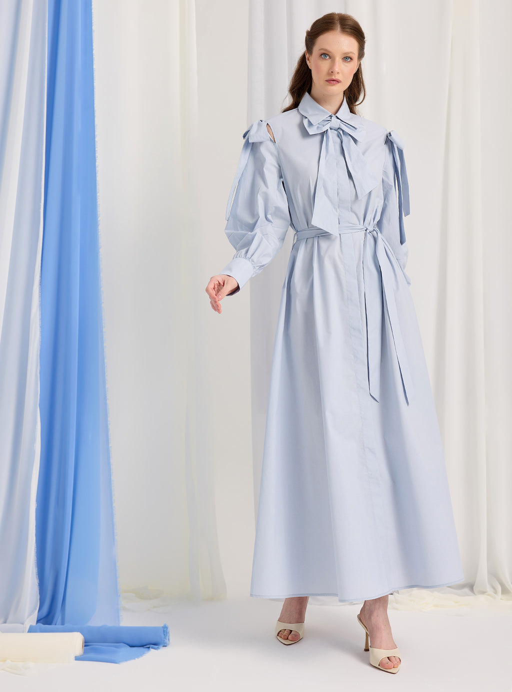 Bow Detailed Blue Poplin Cotton Maxi Dress - Store WF