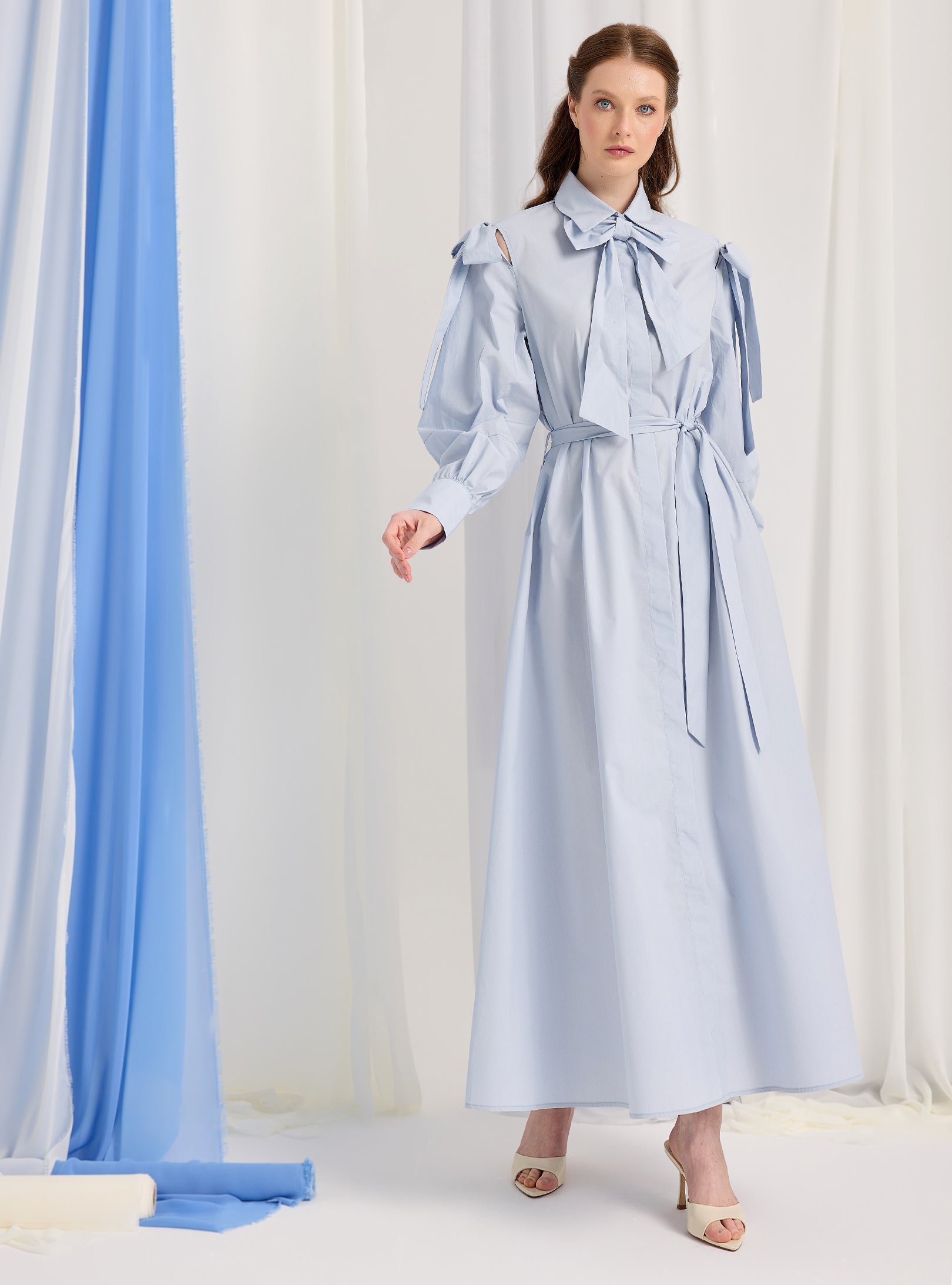 Bow Detailed Blue Poplin Cotton Maxi Dress - Store WF