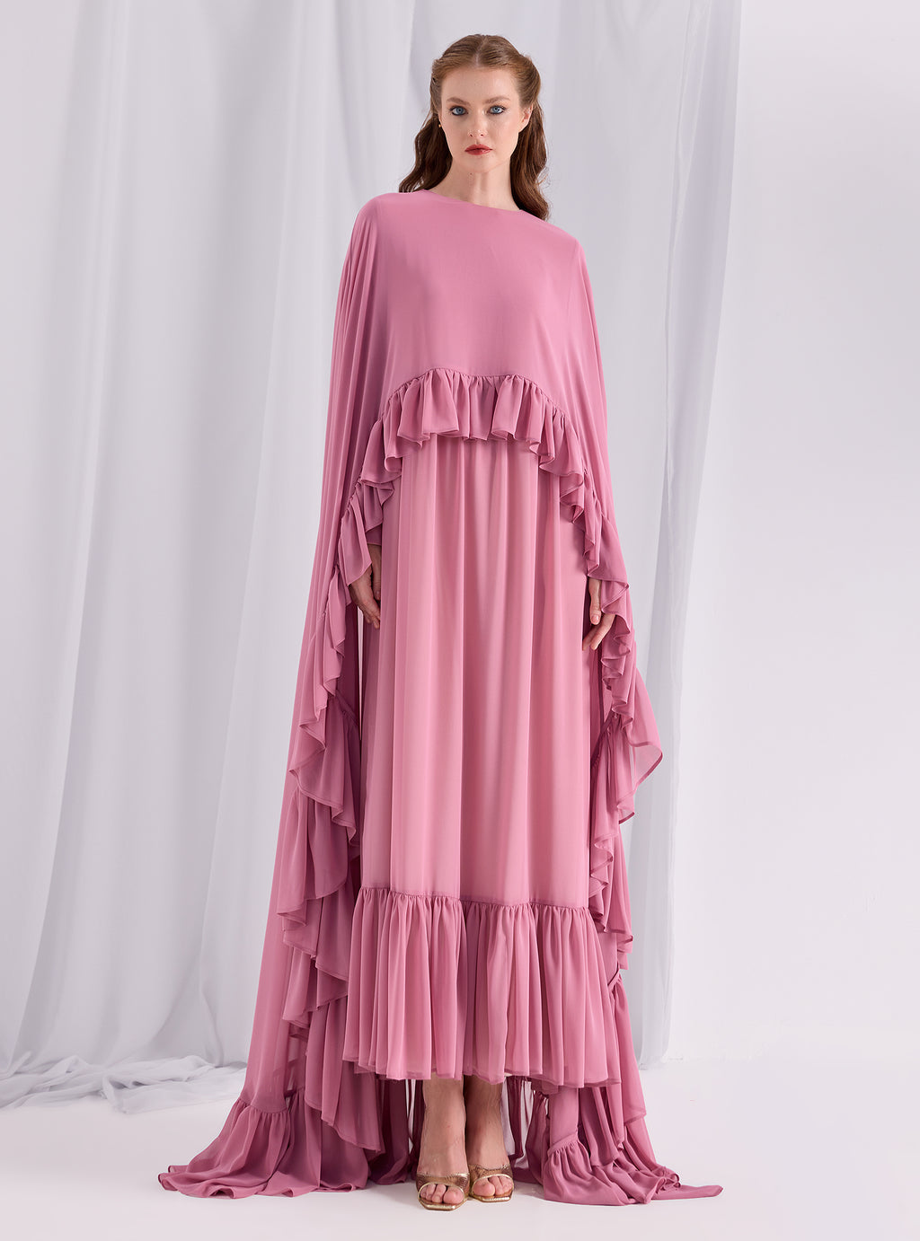 Rose Pink Ruffled Maxi Cape Dress - Store WF