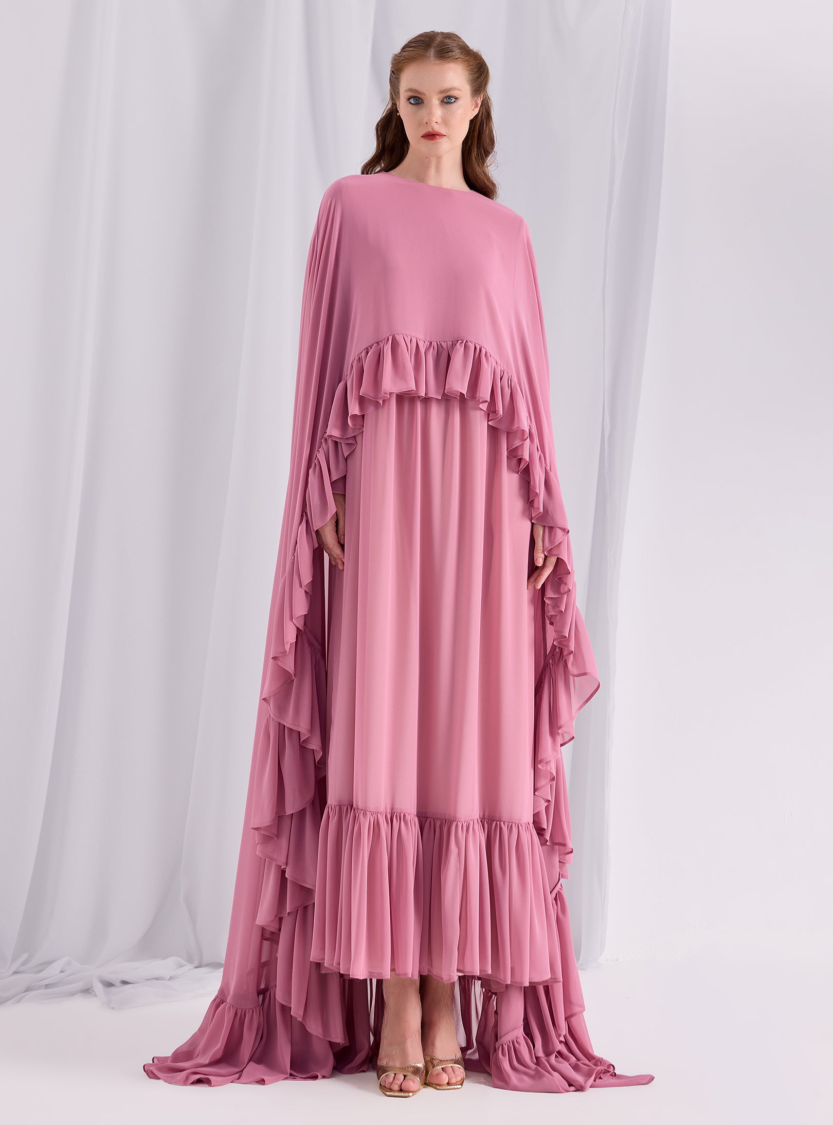 Rose Pink Ruffled Maxi Cape Dress - Store WF