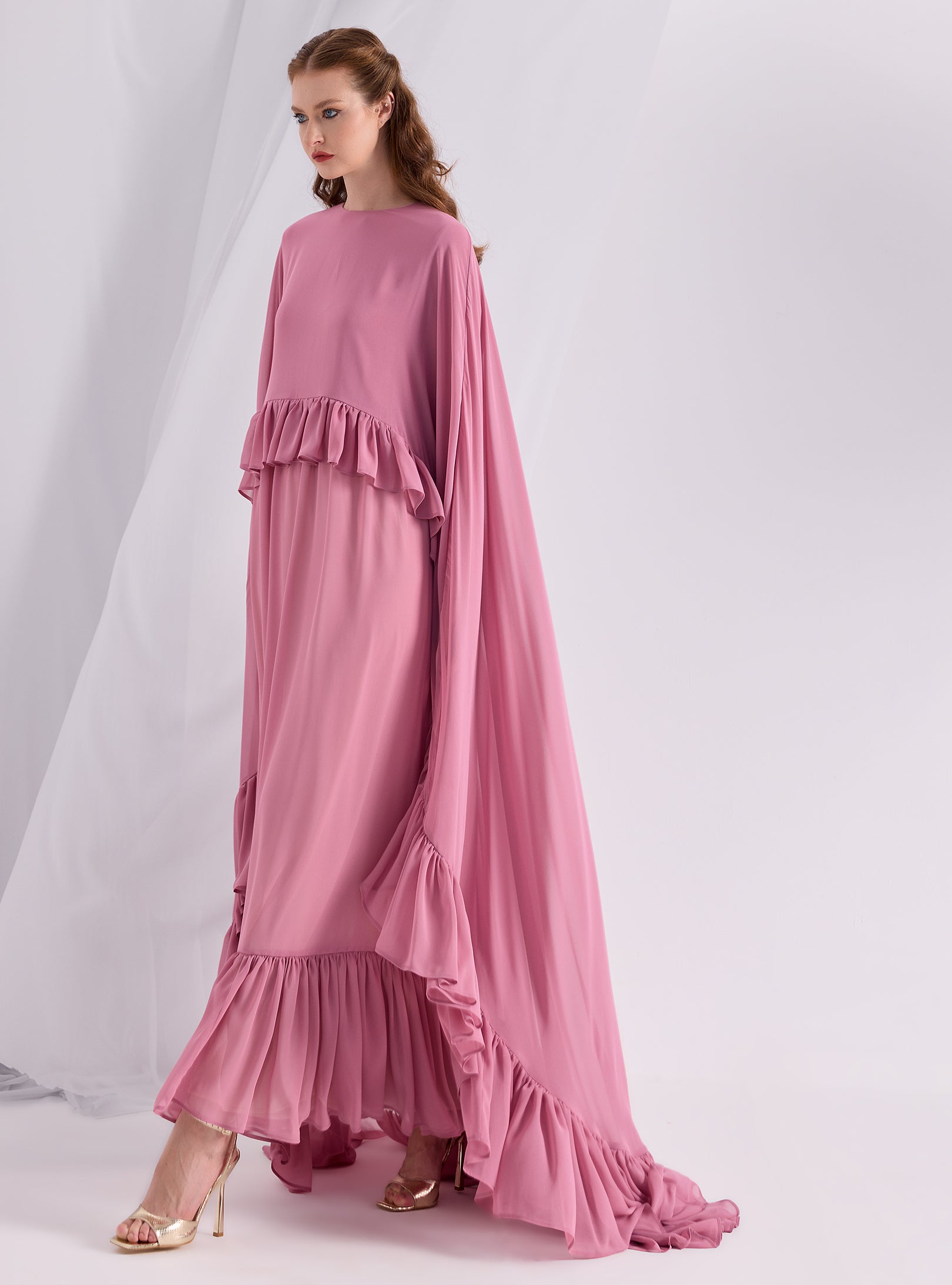 Rose Pink Ruffled Maxi Cape Dress - Store WF