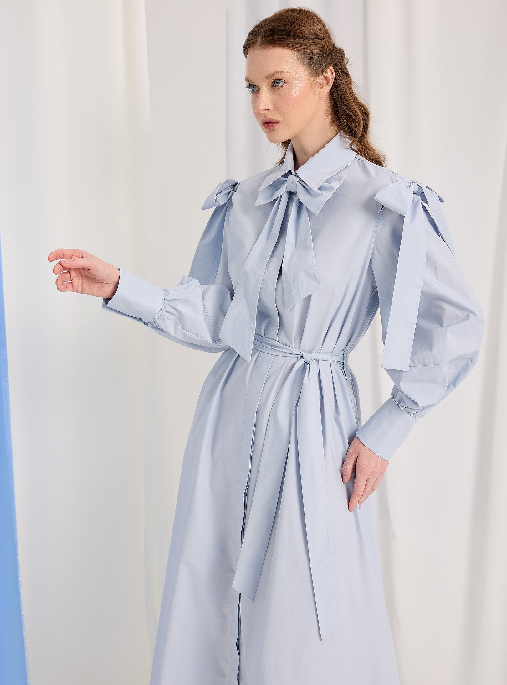 Bow Detailed Blue Poplin Cotton Maxi Dress - Store WF