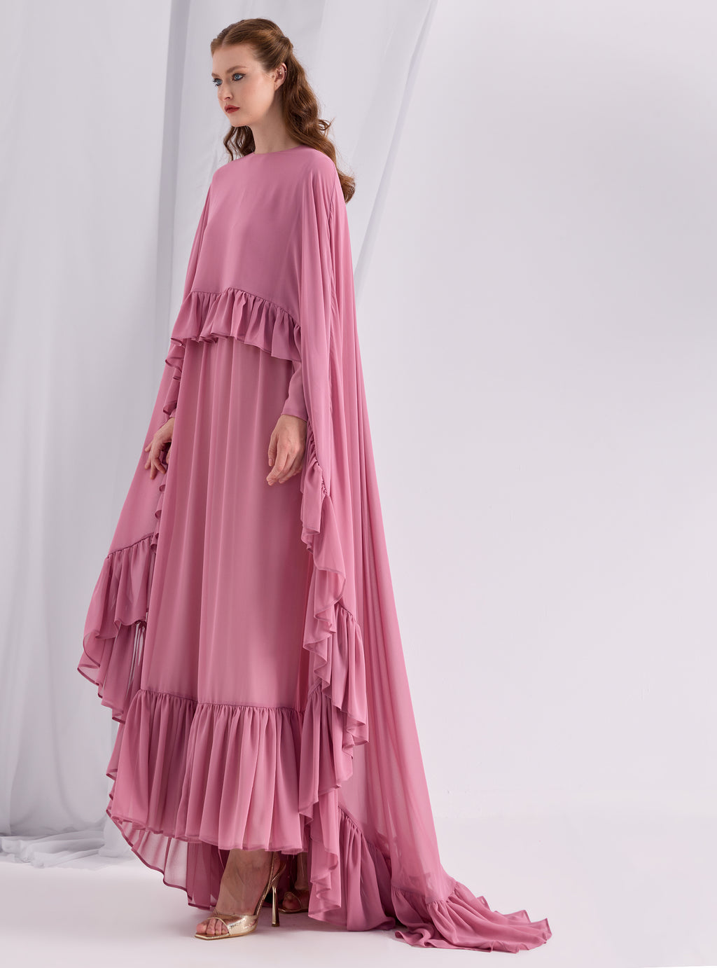 Rose Pink Ruffled Maxi Cape Dress - Store WF