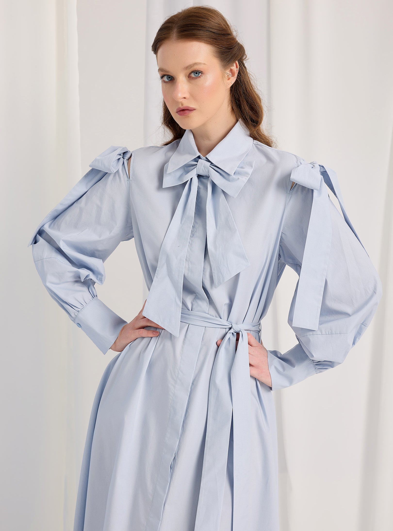 Bow Detailed Blue Poplin Cotton Maxi Dress - Store WF