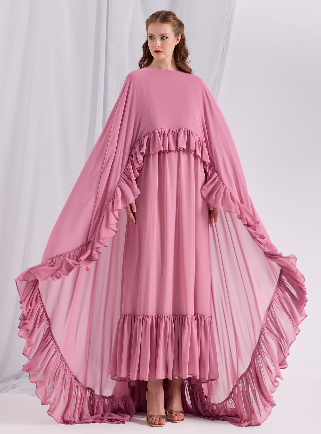 Rose Pink Ruffled Maxi Cape Dress - Store WF