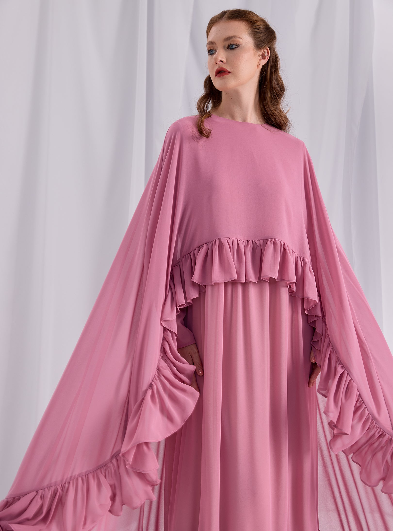 Rose Pink Ruffled Maxi Cape Dress - Store WF