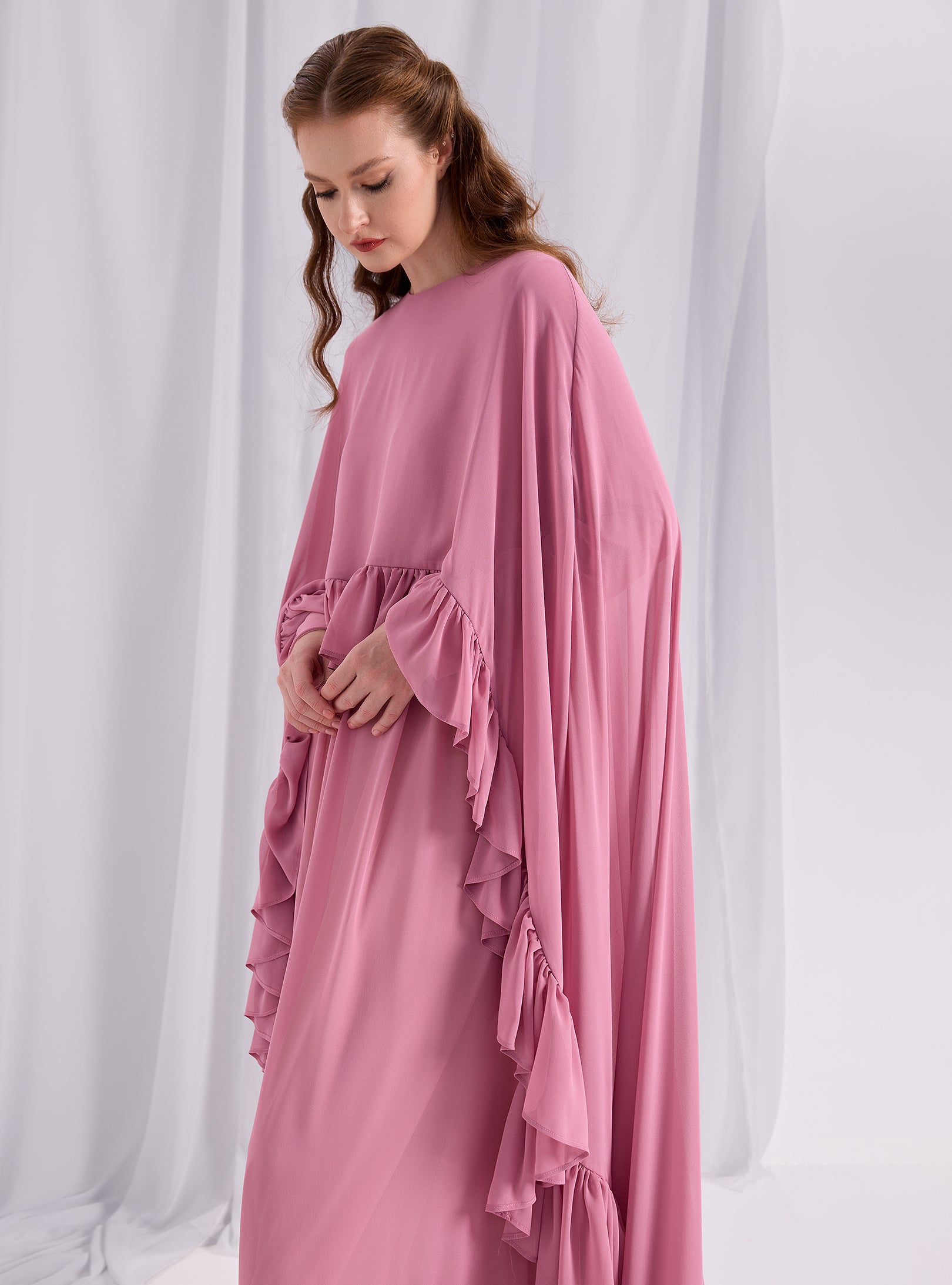 Rose Pink Ruffled Maxi Cape Dress - Store WF