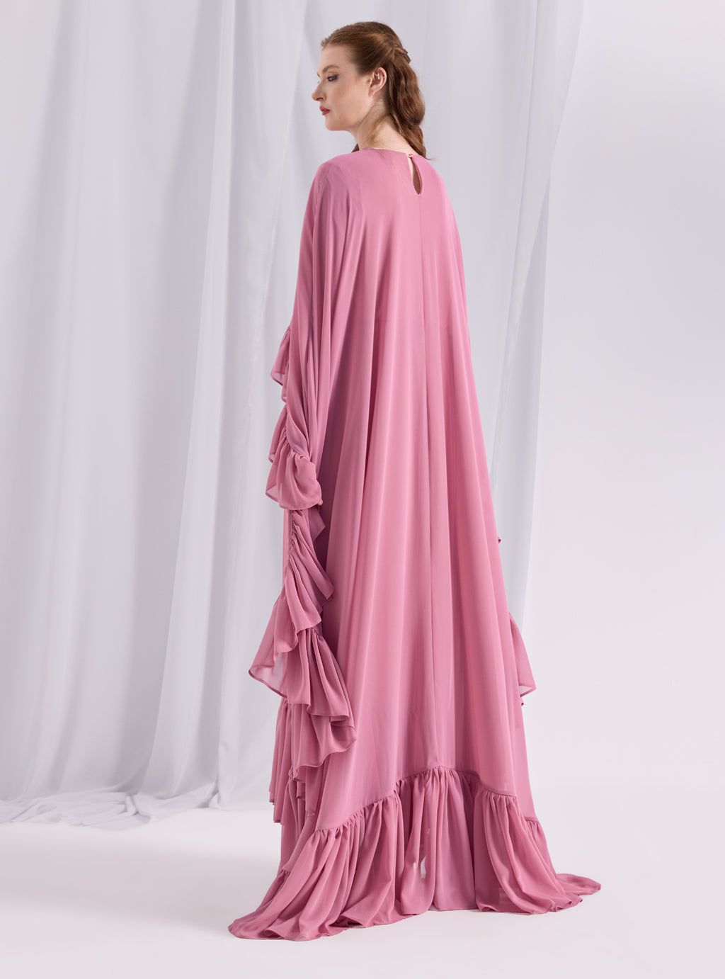 Rose Pink Ruffled Maxi Cape Dress - Store WF