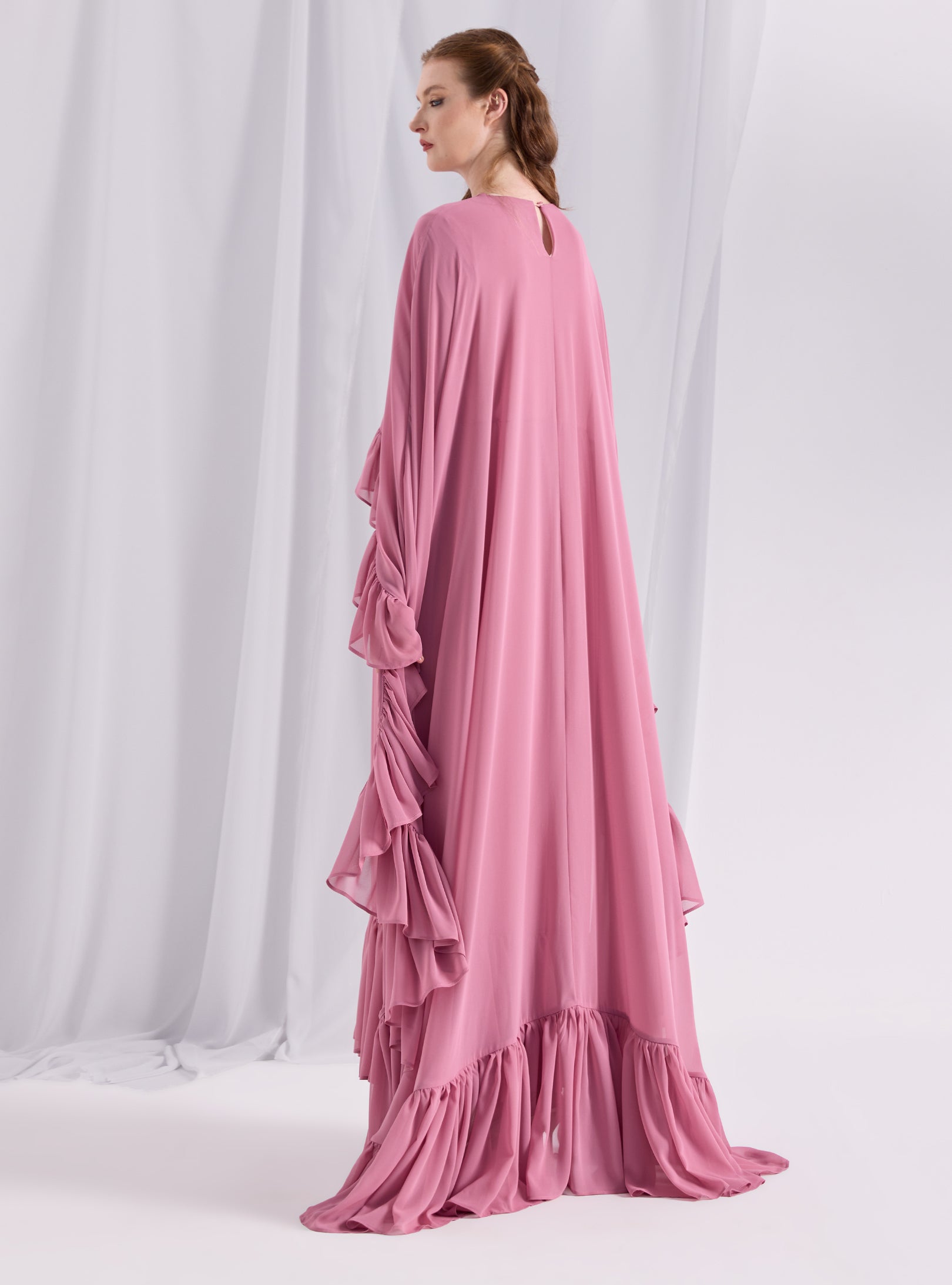 Rose Pink Ruffled Maxi Cape Dress - Store WF