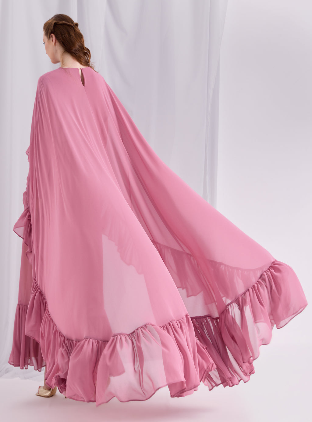 Rose Pink Ruffled Maxi Cape Dress - Store WF