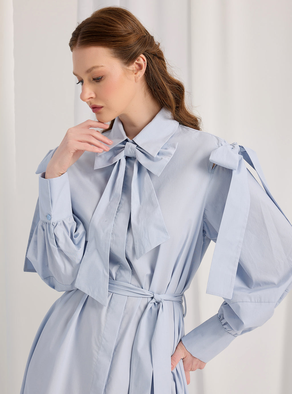 Bow Detailed Blue Poplin Cotton Maxi Dress - Store WF