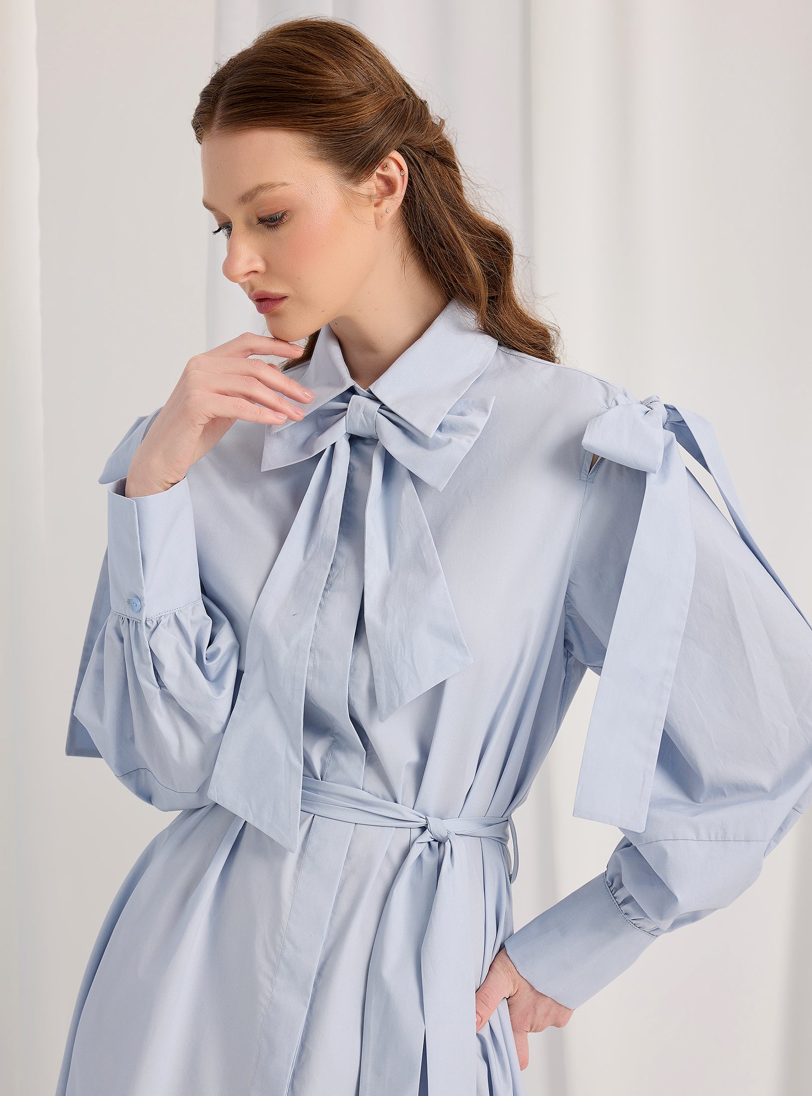 Bow Detailed Blue Poplin Cotton Maxi Dress - Store WF