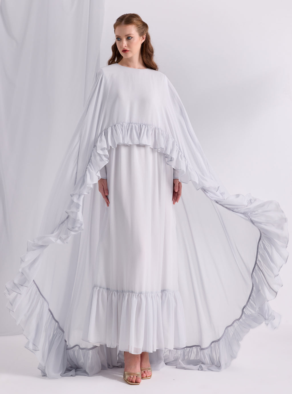 Ice Blue Ruffled Maxi Cape Dress - Store WF