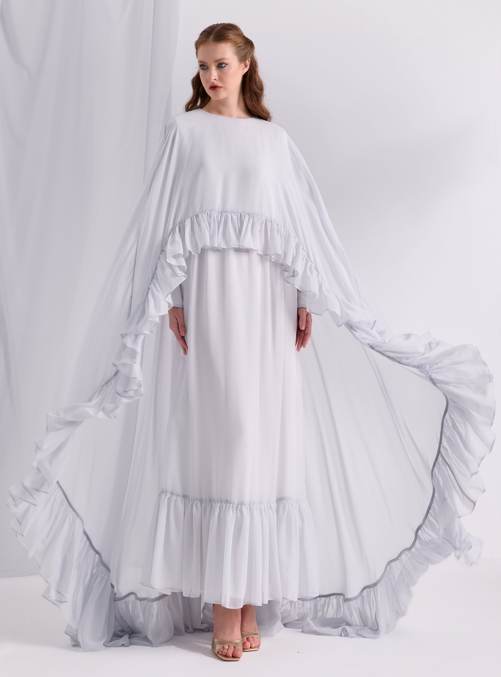 Ice Blue Ruffled Maxi Cape Dress - Store WF