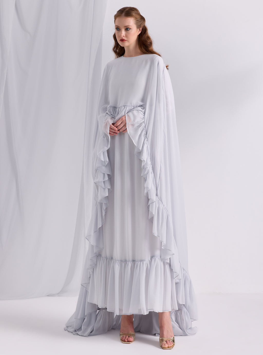 Ice Blue Ruffled Maxi Cape Dress - Store WF